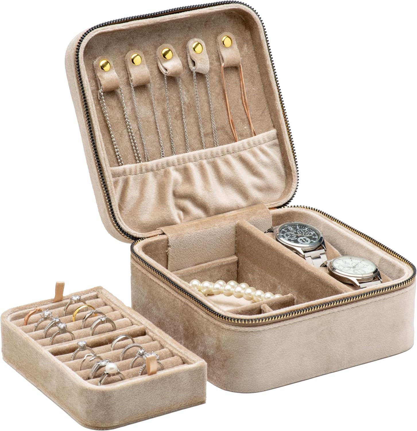 Velvet Multiple Square Ring Box Jewelry Organizer Display Tray with Zipper Around, Earring Watch Necklace Holder Case for Wedding Birthday Christmas Valentine Day (Beige)