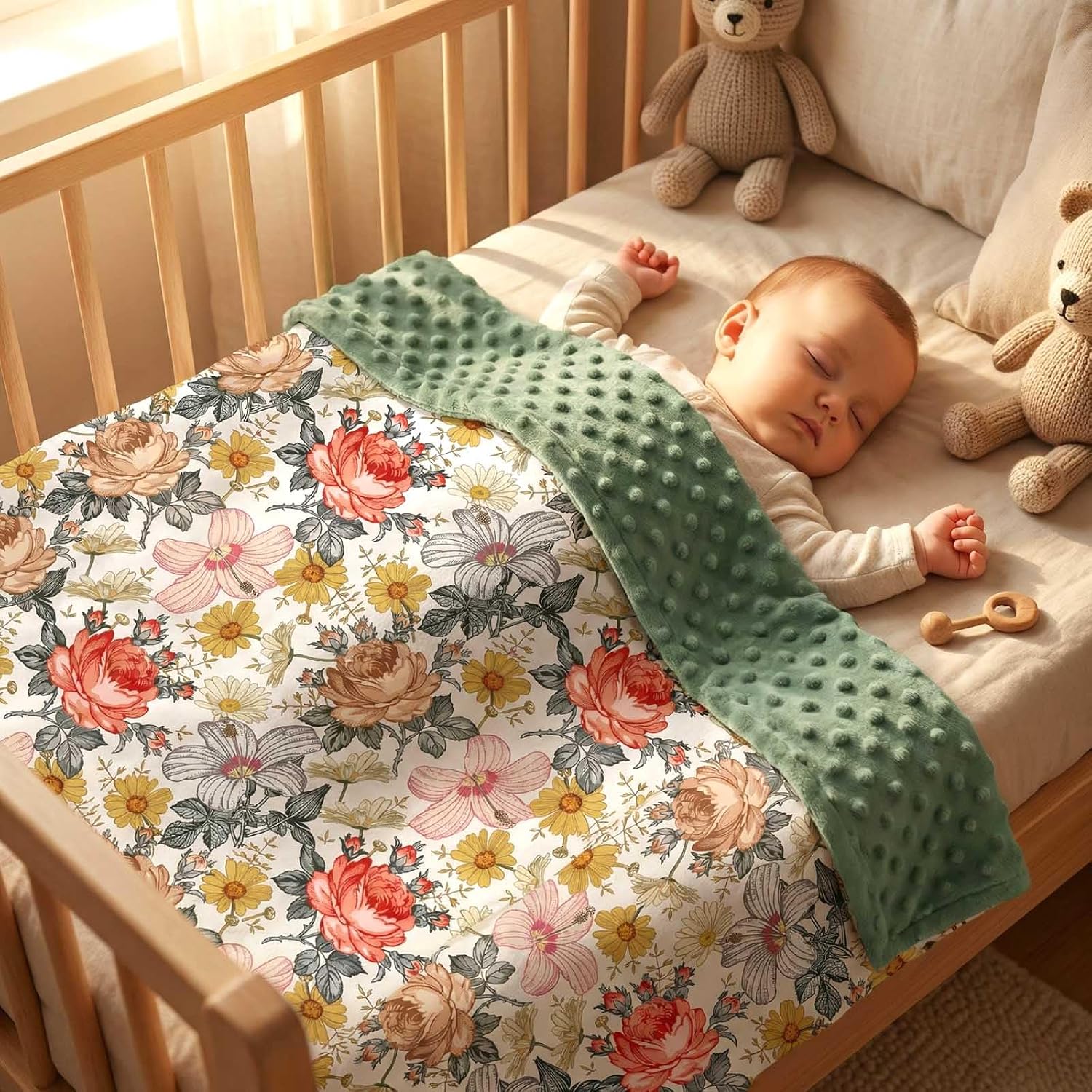 Andrain Floral Baby Blanket for Girls, Vintage Boho Green Minky Blanket, Nursery Baby Blanket with Double Layer Dotted Backing, 30" x 40" for Nursery, Crib, Car Seat, Swaddling Newborns