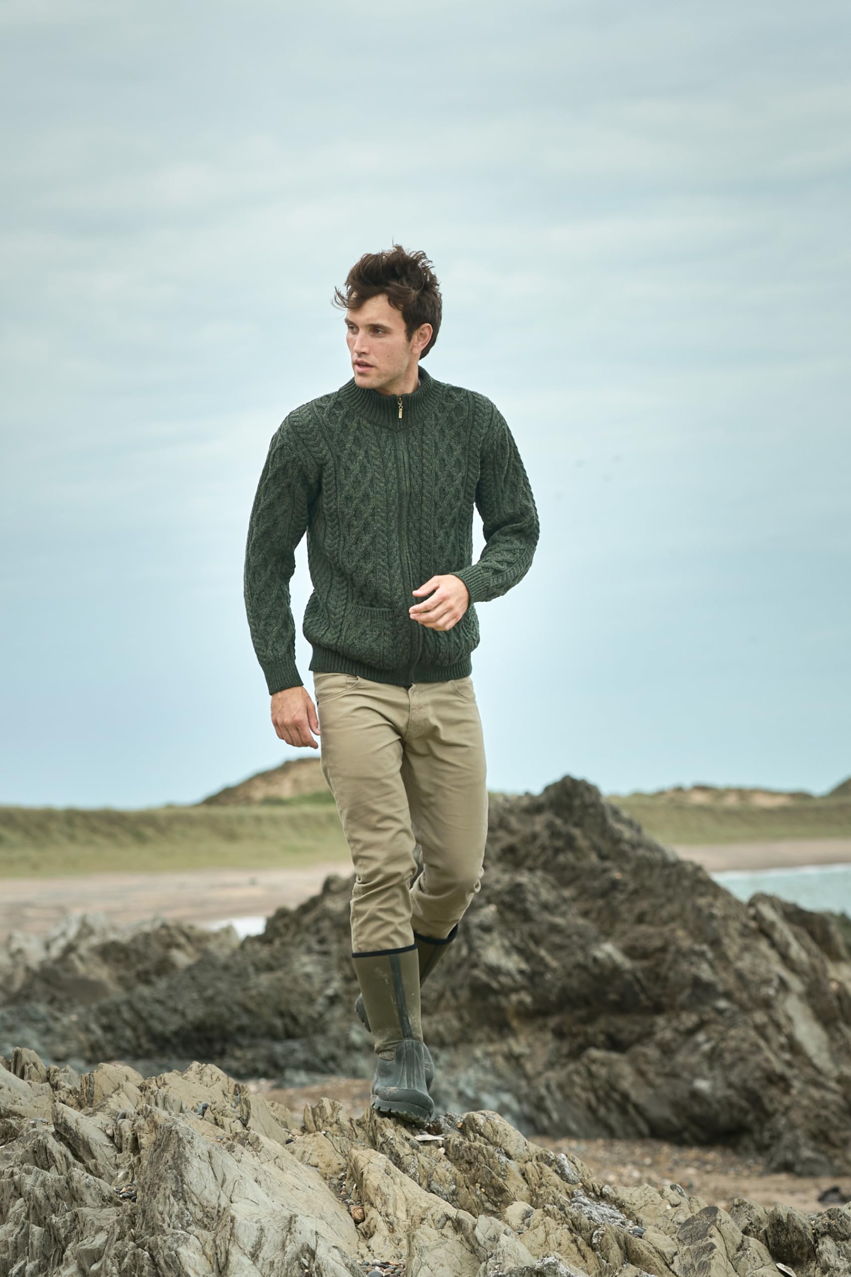 Aran Crafts Cardigan zippé pour homme 100 % laine mérinos, fabriqué en Irlande