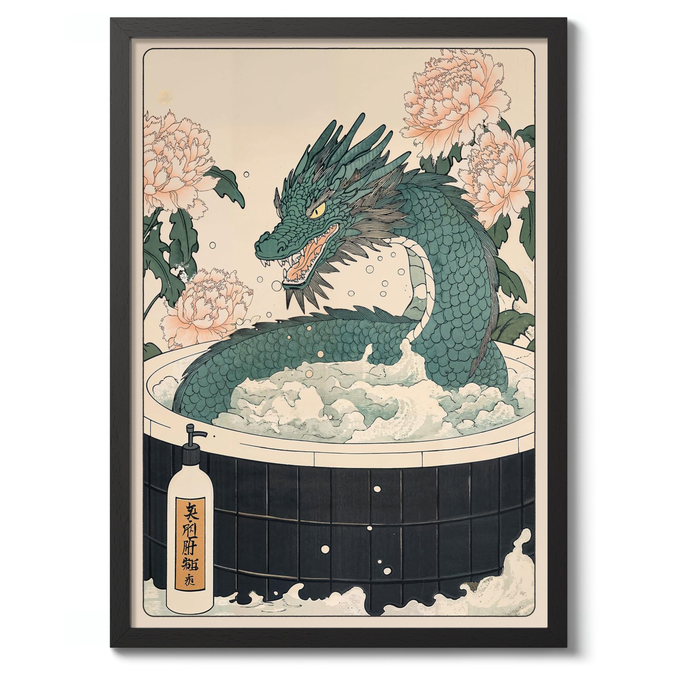 Dragon Bathtime Anime Animal Poster, Funny Bathroom Wall Art Print, Manga, Bathroom Wall Art, Toilet Decor, 50x70cm (Black Frame) - 53x73cm