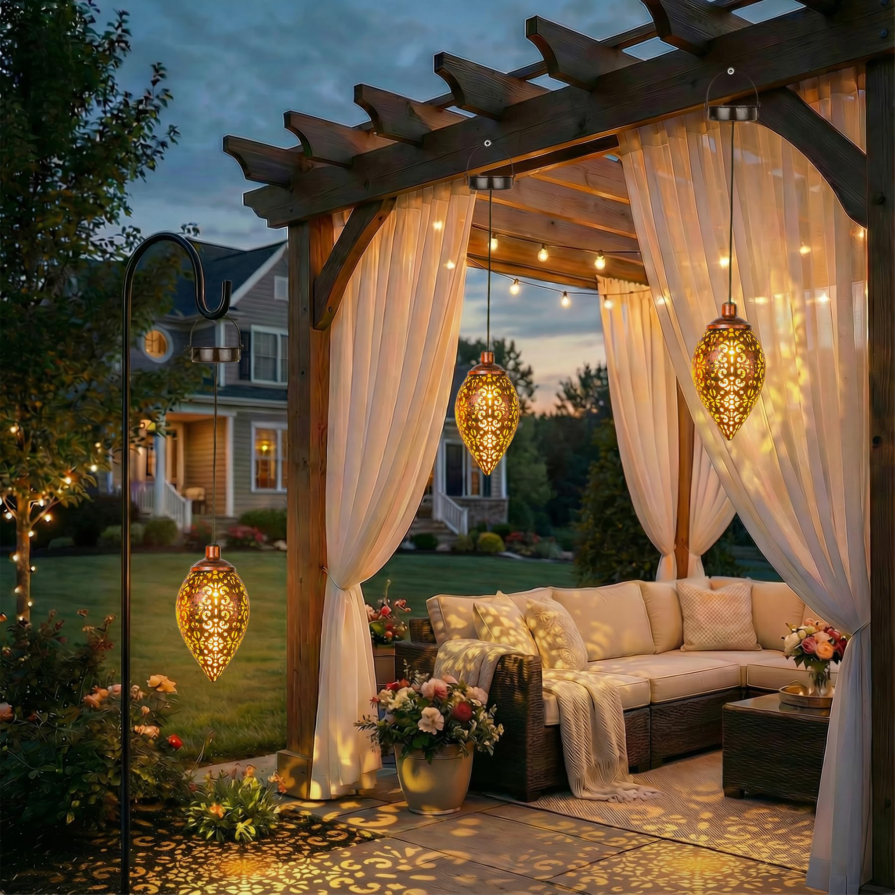 Görvitor Solarlampen für Außen Garten 4 Stück Hängend, Solarlaterne für Außen Hängend Vintage Metall, IP65 Wasserdicht Solar Laterne Warmlicht für Balkon Patio Garten, Gartengeschenke für Frauen