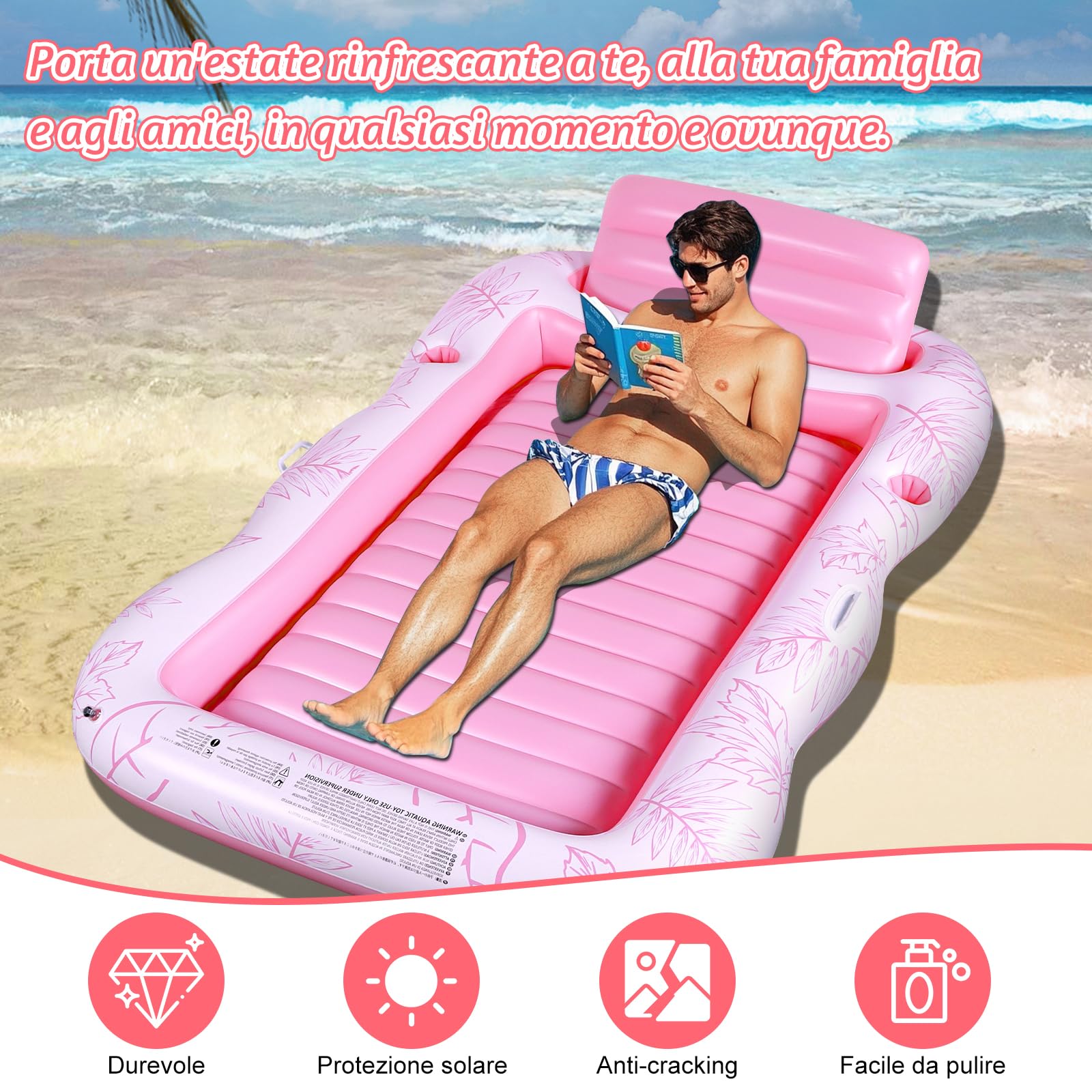 Charmofun Materassino Gonfiabile Abbronzante, Gonfiabile Galleggiante Materasso Piscina, Gonfiabile Tanning Pool, Lettino Gonfiabile Piscina con Portabicchieri e Portabibite per Adulti (Rosa)