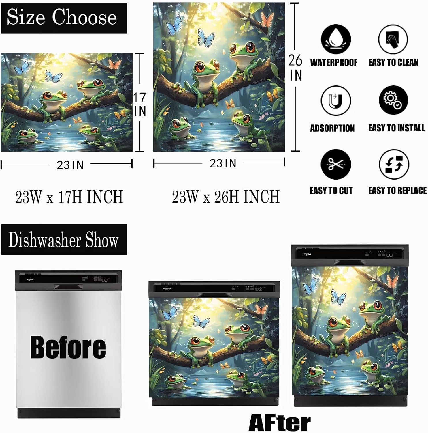 Pond Cute Frog Dishwasher Magnet Cover Butterflies Magnetic Sticker Dish Washer Door Panel Cover Funny Fridge Appliance Magnet Decal Kitchen Decor 23" x 26" Magnetic