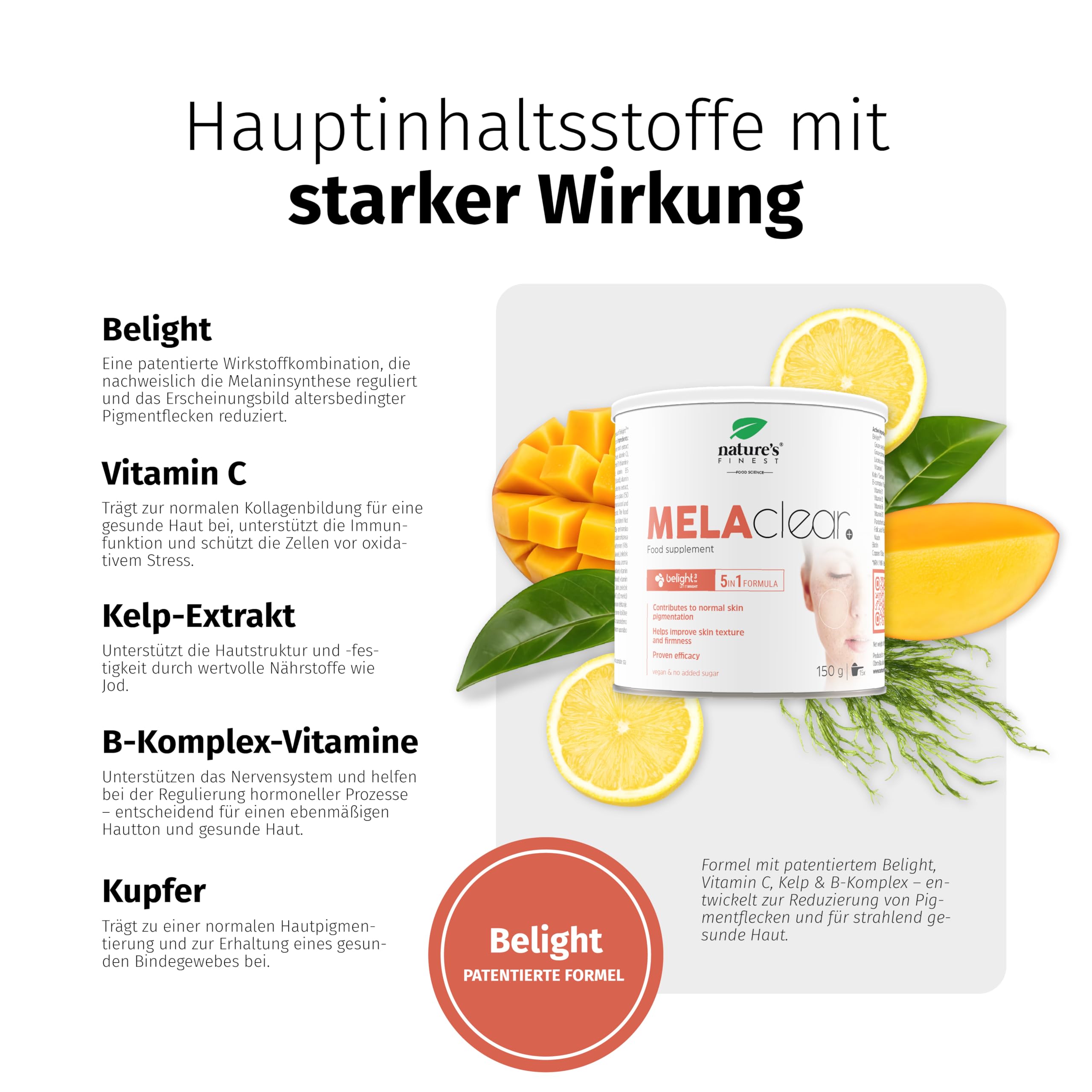 Nature's Finest MELAclear+, Trinkpulver 150 g | Mit Belight (Traubenkern & Süßholz), Kupfer, Weißtee & B-Komplex - Mango-Zitrone-Geschmack, vegan