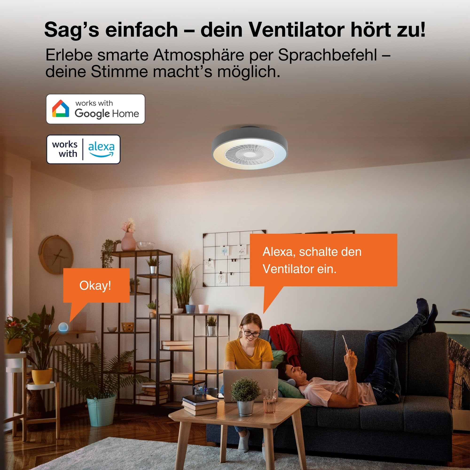 Osram SMART+ WiFi Ventilator mit LED Lampe Grau | SMART+ Wifi Ceiling Fan LED, Acrylnitril-Butadien-Styrol-Copolymer (ABS), Grau, 30000 h, 1-Pack