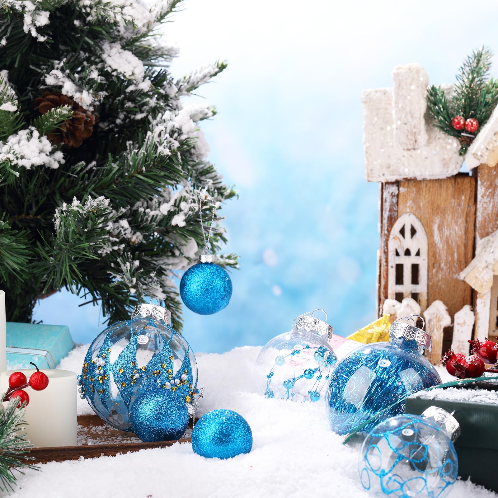 Outus 24 adornos de bolas de Navidad de 1.6/2.4/3.2 pulgadas, bolas transparentes con purpurina, decoraciones colgantes de plástico, inastillables, decoración de árbol de Navidad para Navidad,
