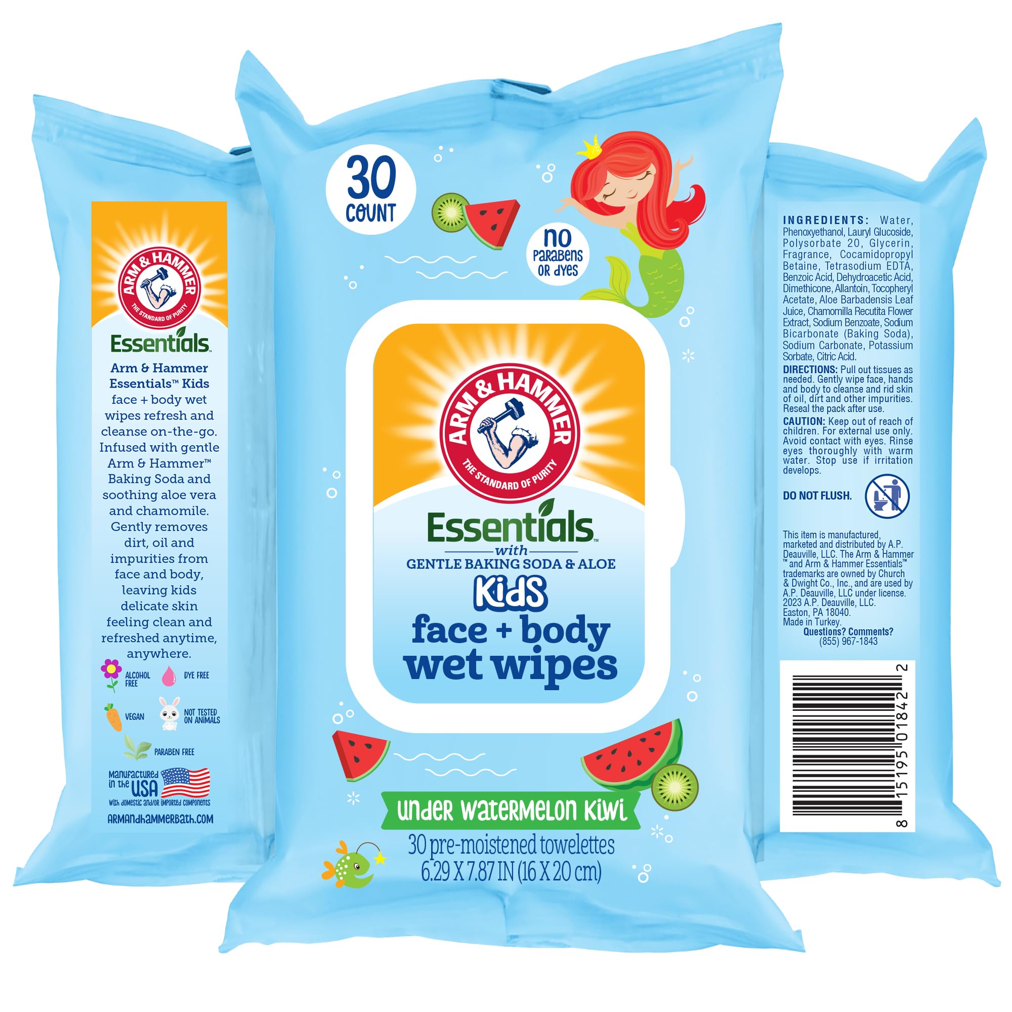 Under Watermelon Kiwi Baby Wipes - 30 Count Travel Friendly Face & Body Wet Wipes - 1 Flip-Top Pack of Towelettes Infused with Aloe Vera & Chamomile