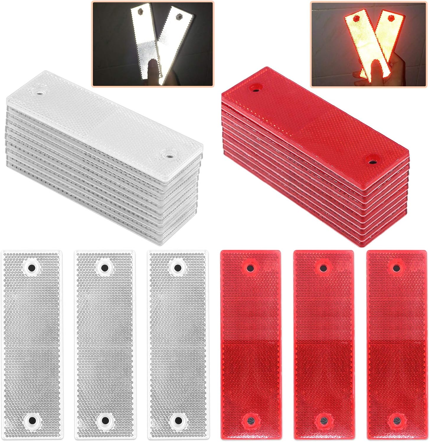60 Pcs Red and White Plastic Rectangular Stick-on Car Reflector Sticker Universal Conspicuity Safety Warning Plate Adhesive Reflective for Car Boat (30 Pcs White and 30 Pcs Red)