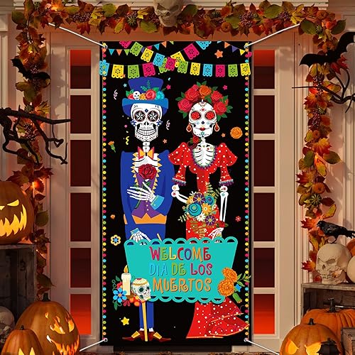 Miniatura 7 de Cartel del Día de los Muertos Mexicano para puerta, cartel para puerta, diseño de calavera de azúcar de México, decoración de pared para interiores
