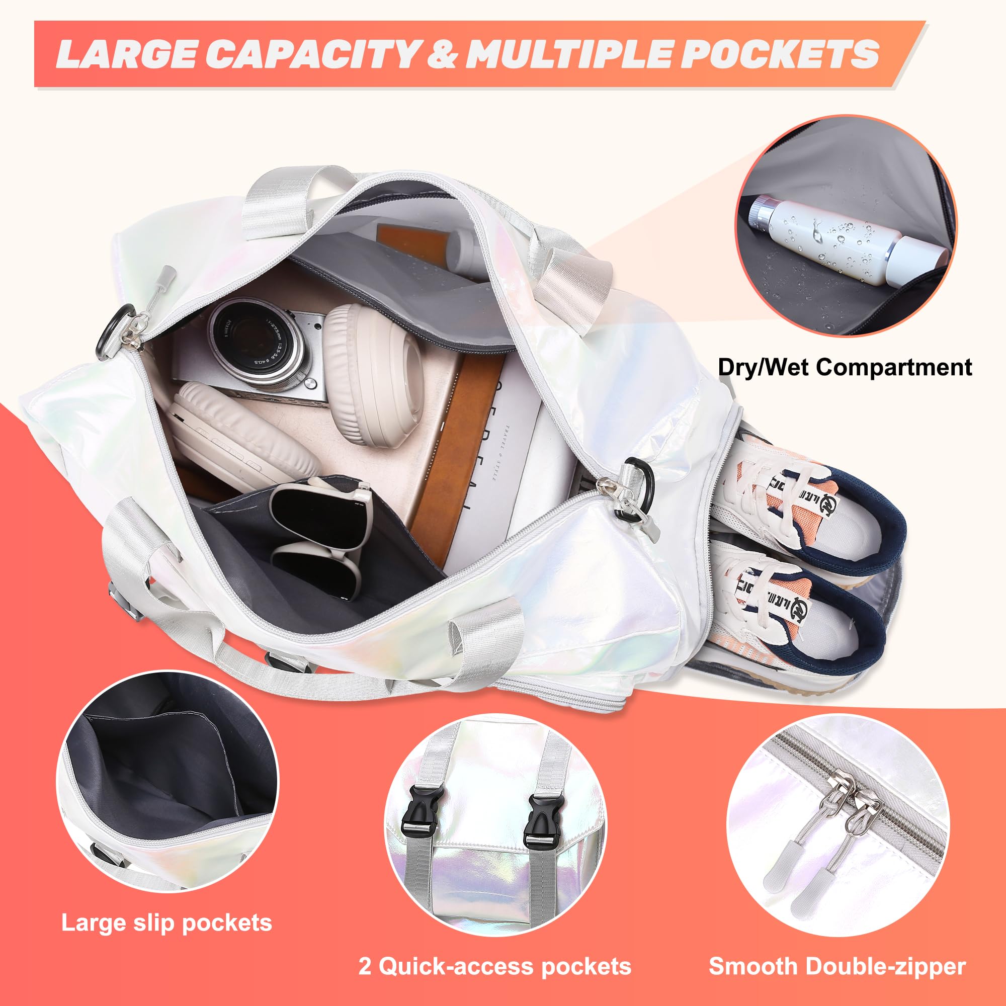 Borsone Palestra Donna Grande Borsone da Viaggio con Tracolla Borsa Piscina Impermeabile Borsa Sportiva con Scomparto Scarpe Borse Danza Leggero per Gym Piscina Nuoto Ginnastica, Bianco