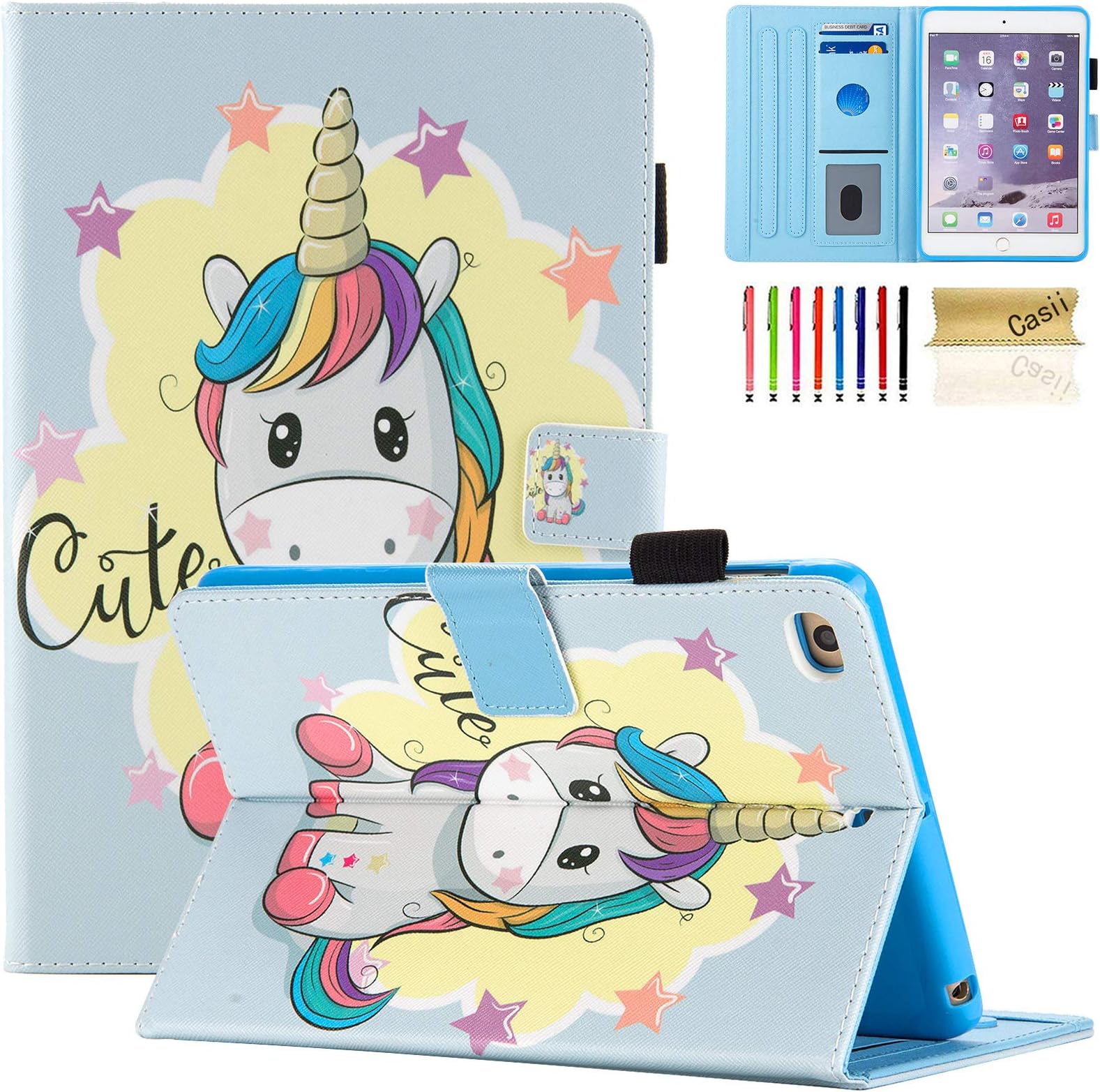 iPad Mini Case, Mini 2/3/4 Case, Casii Slim Protective Soft PU Leather Magnetic Flip Folio Stand Cover with Card Holders [Auto Sleep/Wake] for 7.9 Inch Apple iPad Mini 1 2 3 4 (Cute Unicorn)
