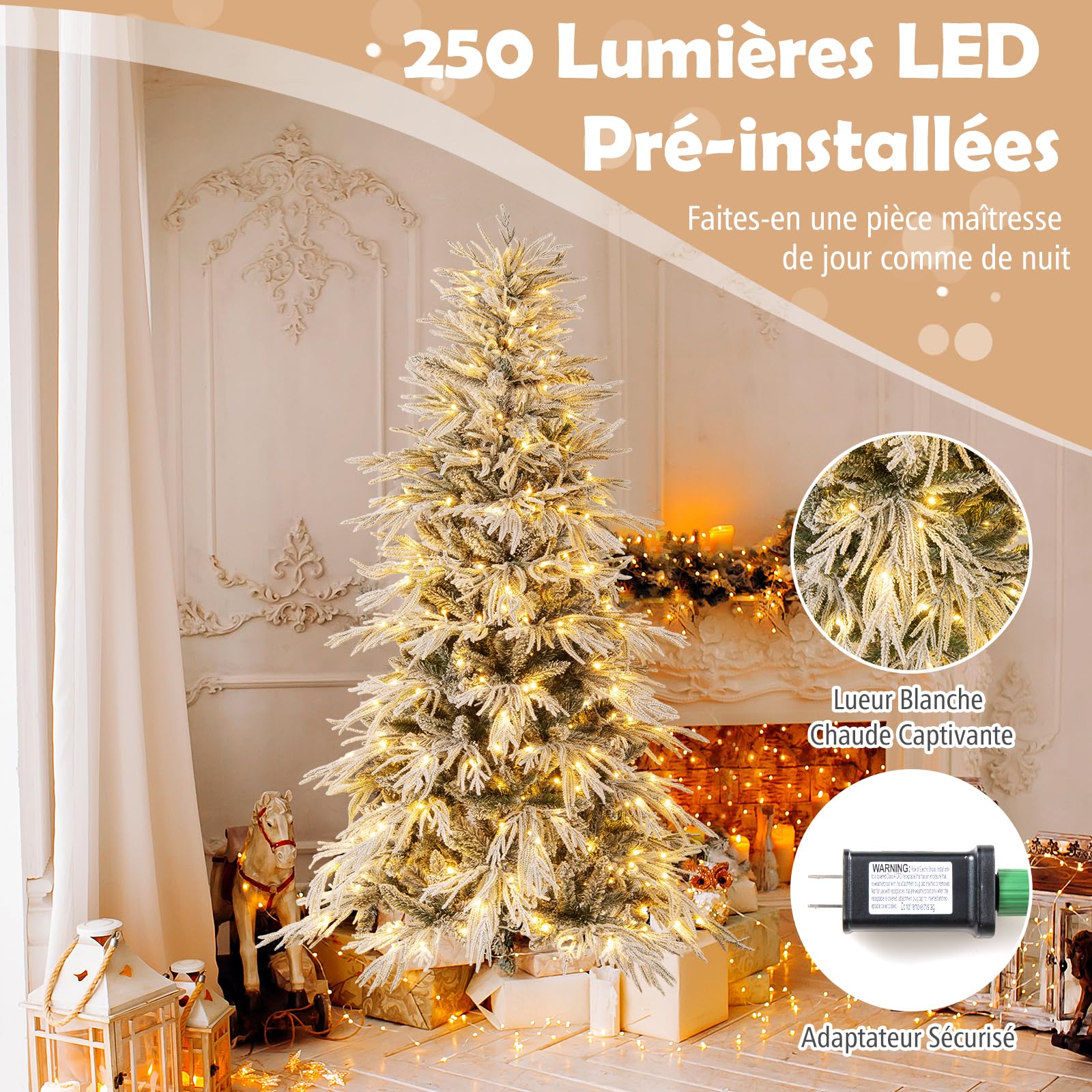 COSTWAY Sapin de Noël Artificiel 180cm avec 594 Branches & 250 Lumières LED Blanc Chaud, Arbre de Noël avec Base en Fer, Décoration pour Maison Bureau Magasins