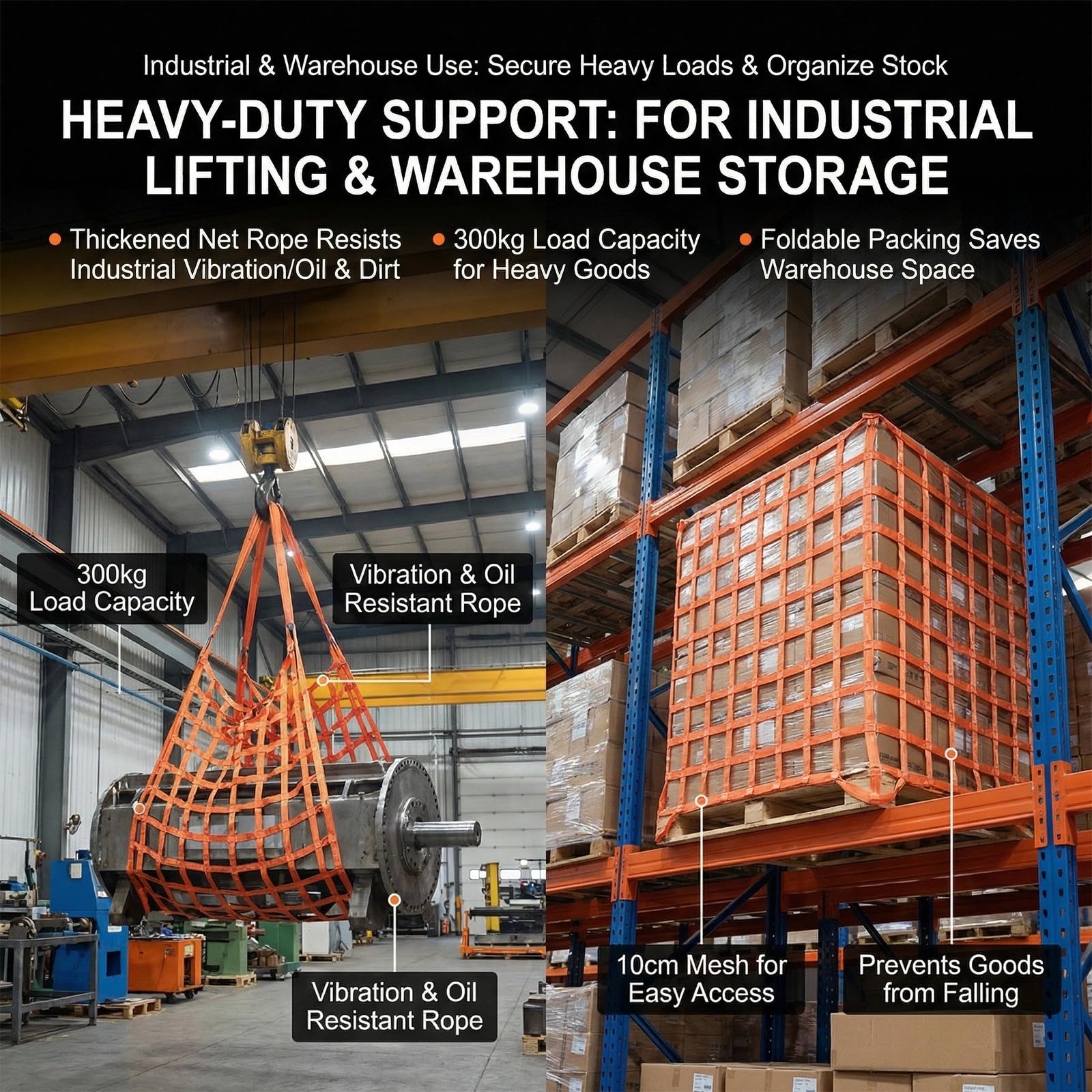 Hebe-Hebenetz 1 X 1m, Ladung Hängendes Netz, 10 * 10cm Rastergröße Net-Cargo Lfting, 300kg Polyester Schlingen, Hängendes Hebe-Gepäcknetz Für Vertikales Heben, Transport & Absperrung (Orange)