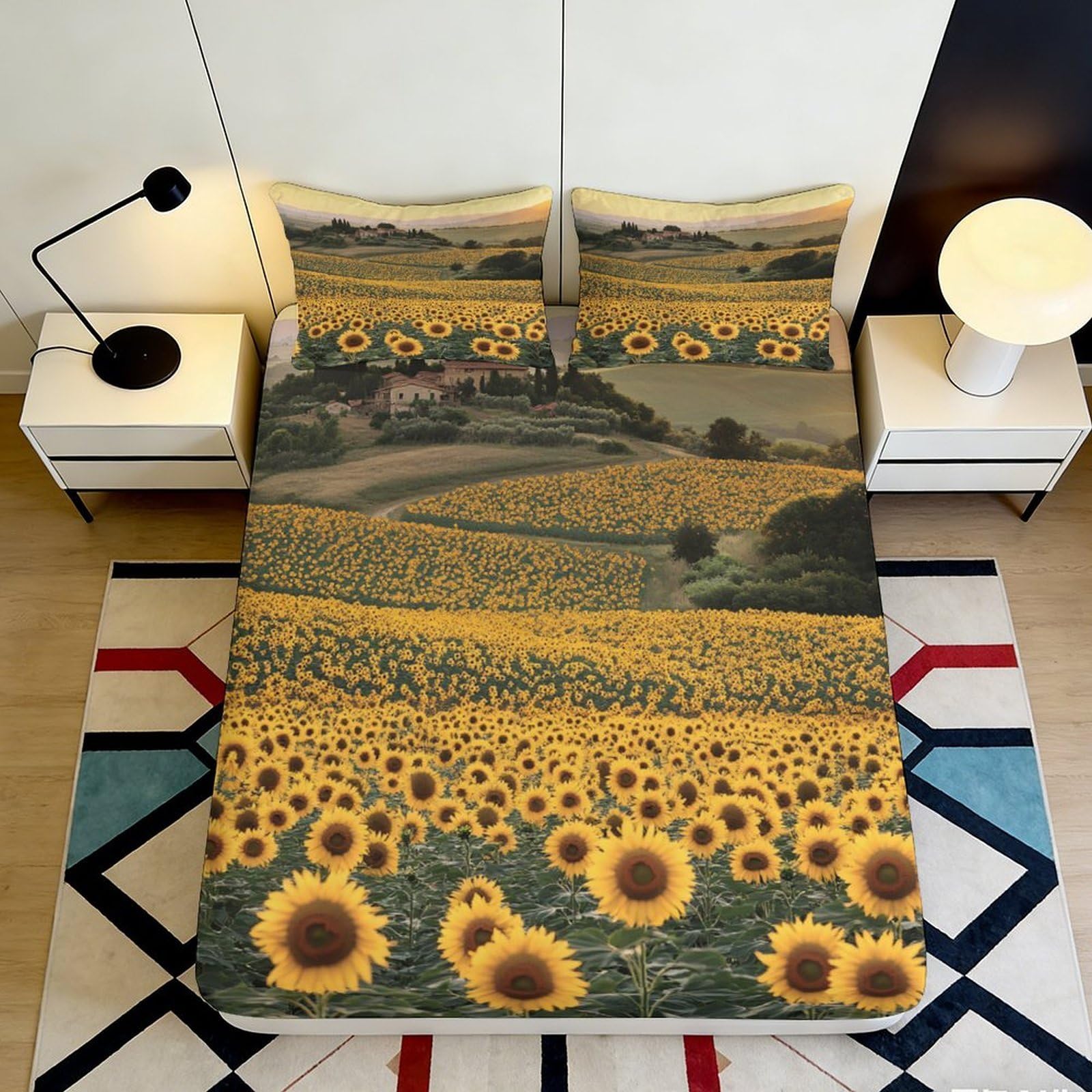 3D Printed Sunflower Field Fitted Sheet Microfiber Soft Breathable Countryside Bed Cover for Bedroom Dormitory Guest Room Mattress Protection Decor 120x200x25cm