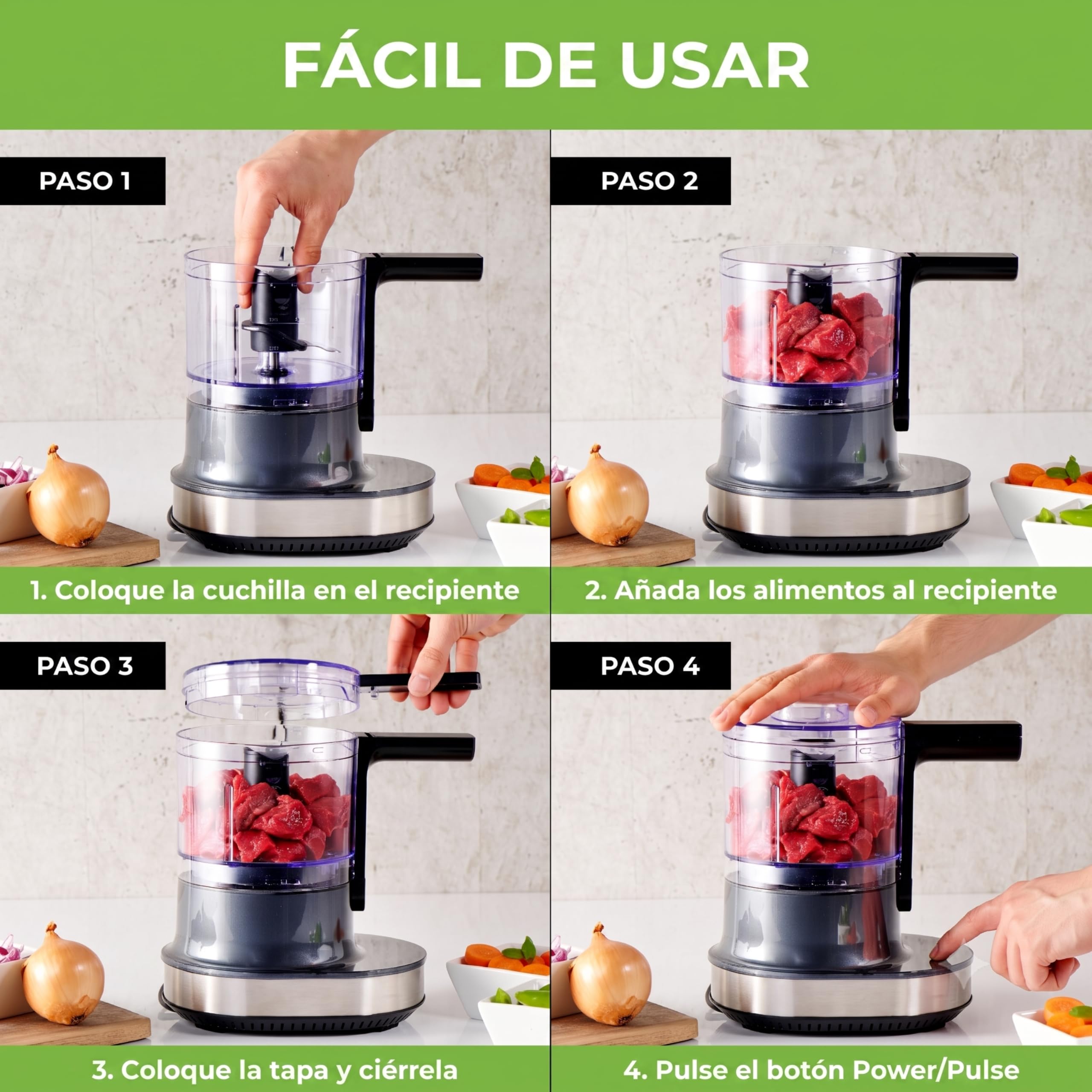 Multipicadora eléctrica 4D de Nutri-Chopper, picadora universal para nueces, cebollas, frutas y verduras, carne, función de cuchilla automática, recipiente de mezcla (500 ml), sin BPA