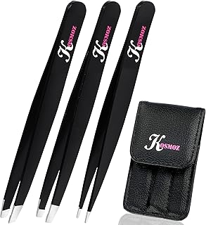 KOSMOZ Tweezers Stainless Steel Set - 3-Piece Precision Set, Professional Tweezer for Eyebrows Plucking, Facial Hair Tweezer Set with Storage Bag, Ingrown Hair Remover