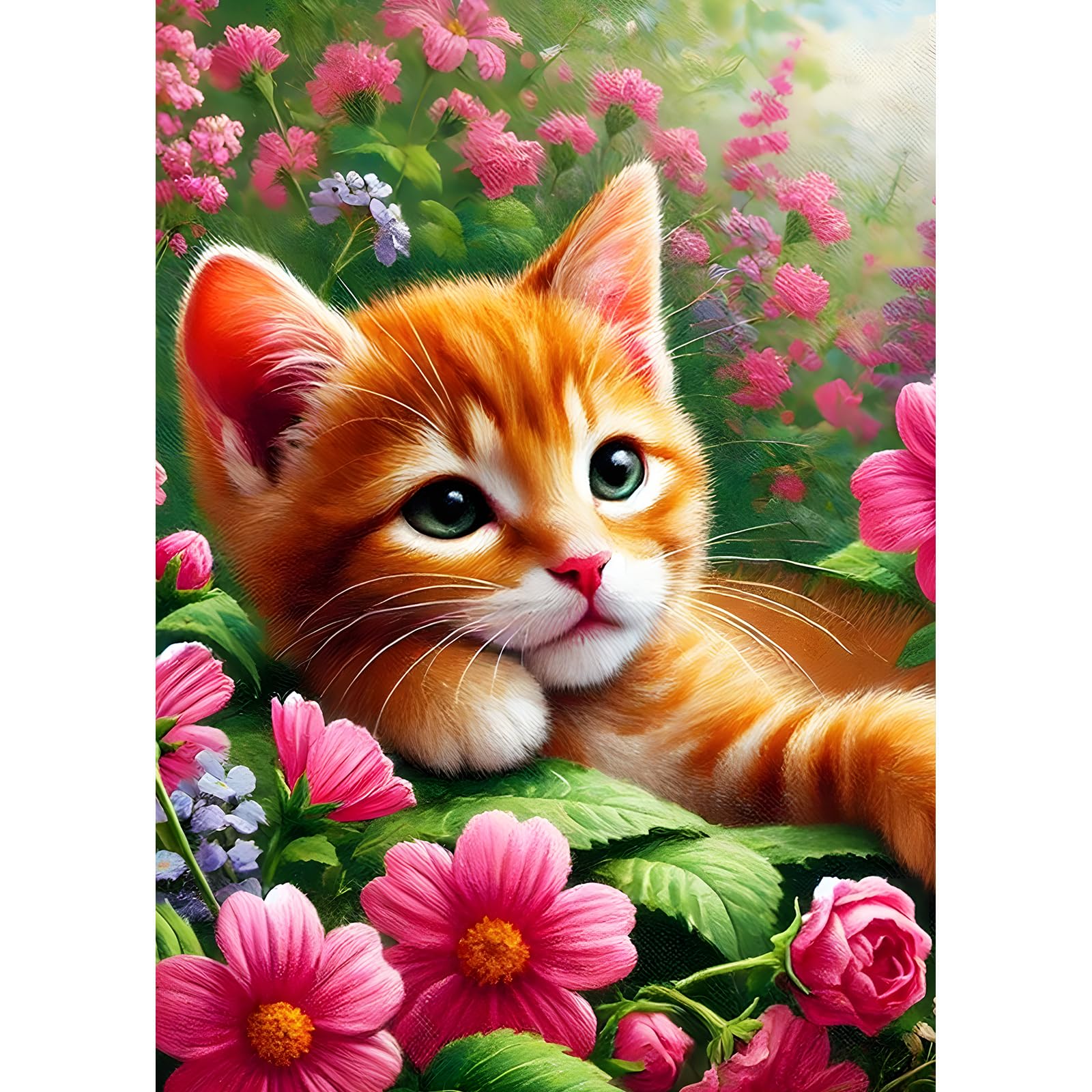 DPHERO Lovely Cat Diamond Painting Kits for Beginners Adults,5D DIY Red Flowers Diamond Art Kits,Round Full Drill Orange Cat Gem Art Crafts,DIY Kitten Painting by Numbers for Home Wall Decor 12x16inch