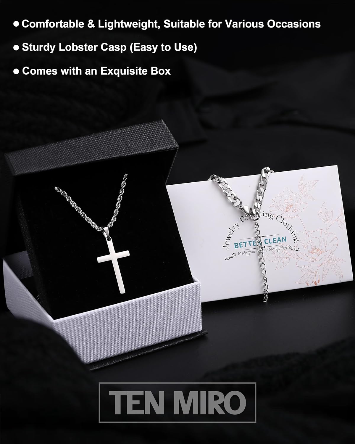 TEN MIRO Silver/Black Cross Necklace for Men Boy Stainless Steel Cross Pendant Necklace for Men Christian Religious Jewelry with Box & Card Birthday Anniversary Christmas Father's Day Gifts for Him - Image 6