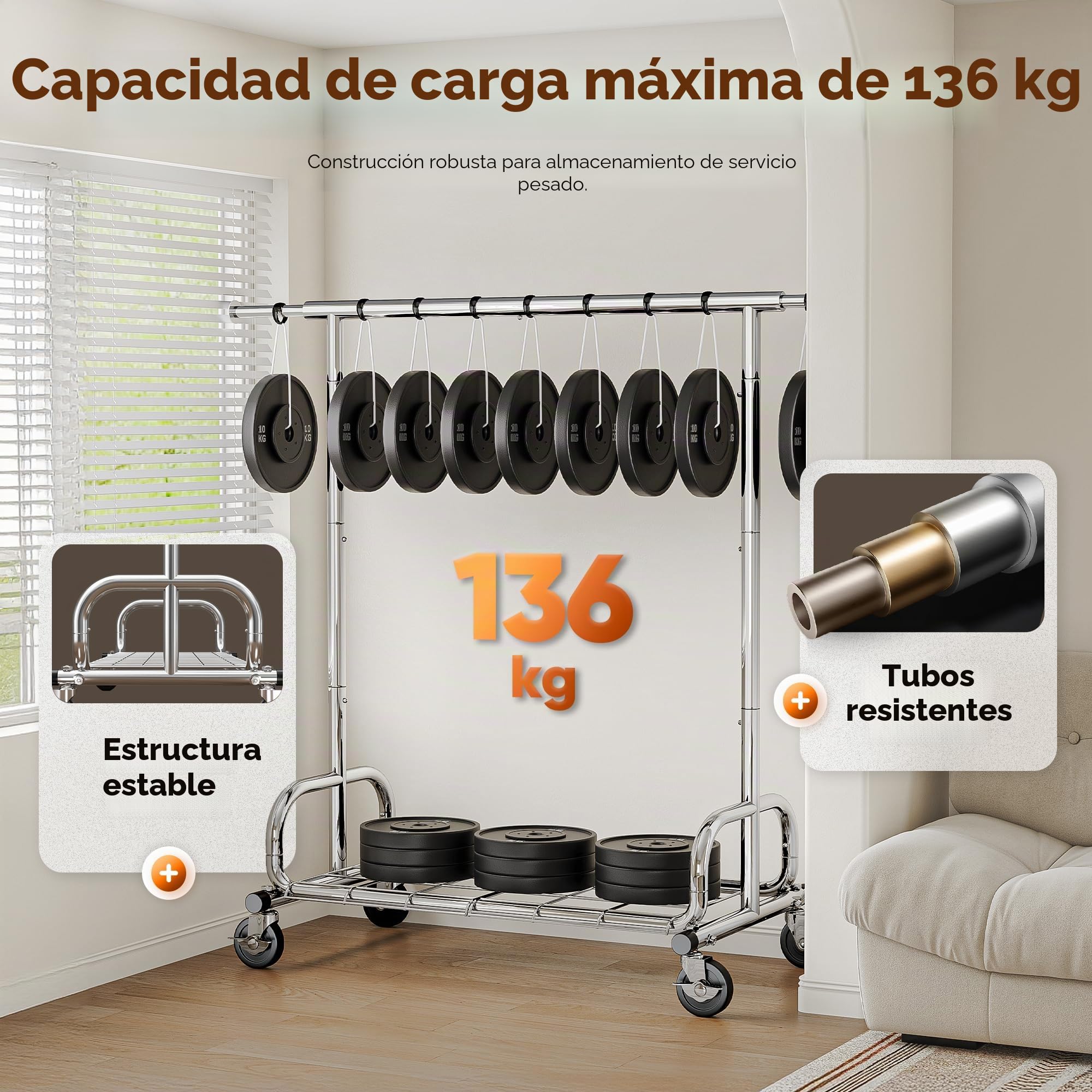 HOKEEPER Perchero resistente de 136 kg de capacidad, perchero extensible con ruedas y estantes bloqueables, ahorro de espacio para dormitorio, apartamento pequeño, lavandería, color plateado