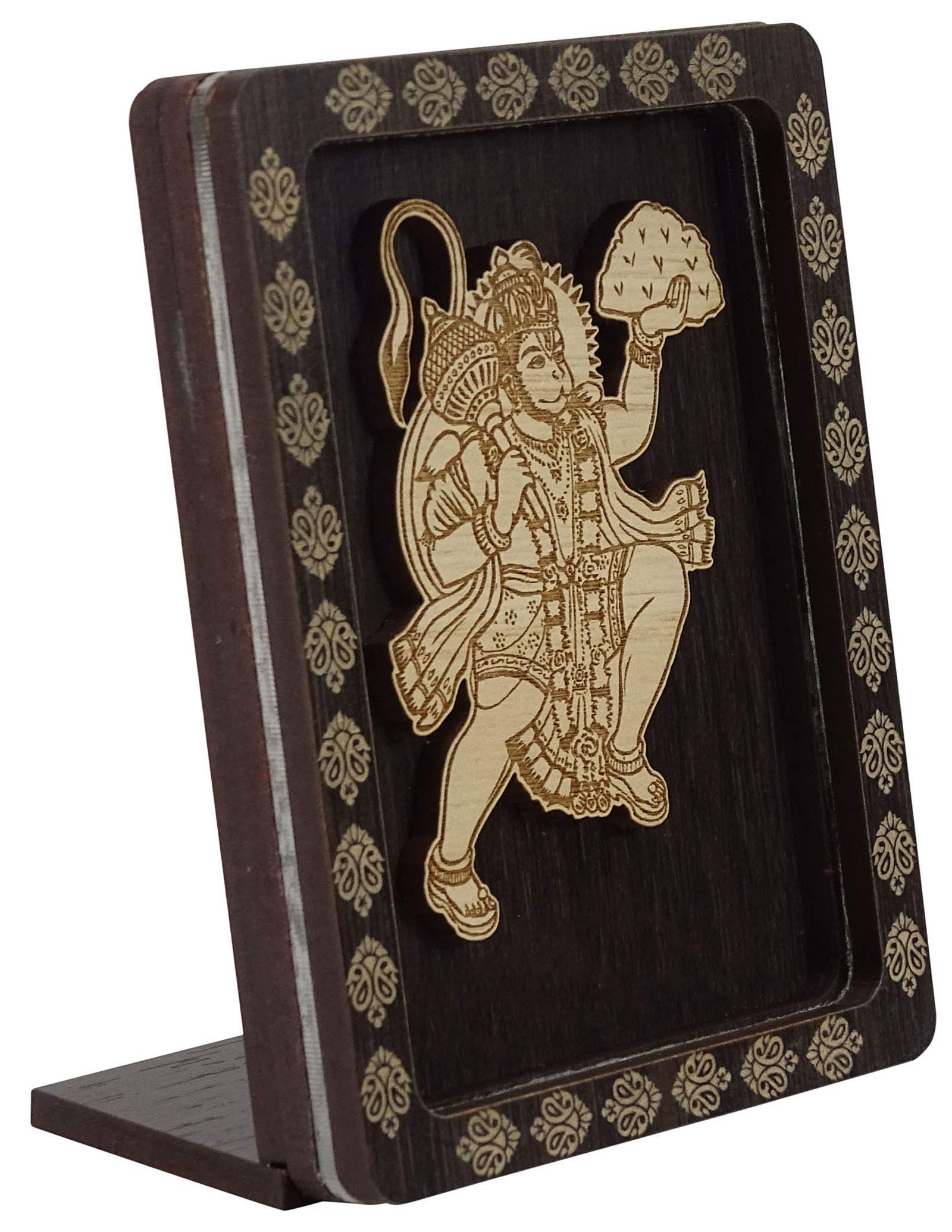 Indianbeautifulart Decorative Lord Hanuman Car Dashboard Office Table Decor Double Sided Tape Wooden Frame