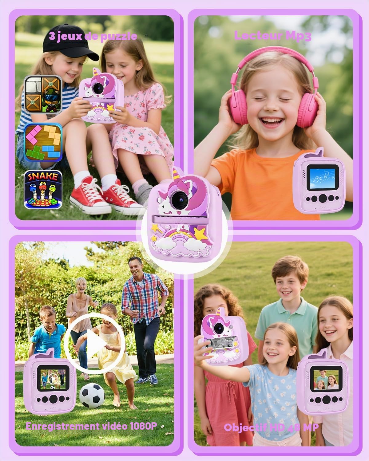 CHRERNA Appareil Photo Instantané Enfants, HD 48MP Appareil Photo Enfants avec Papier d'impression et Carte 32GB, Jouet Cadeau pour Garçons Filles de 3 à 12 Ans (Violet)