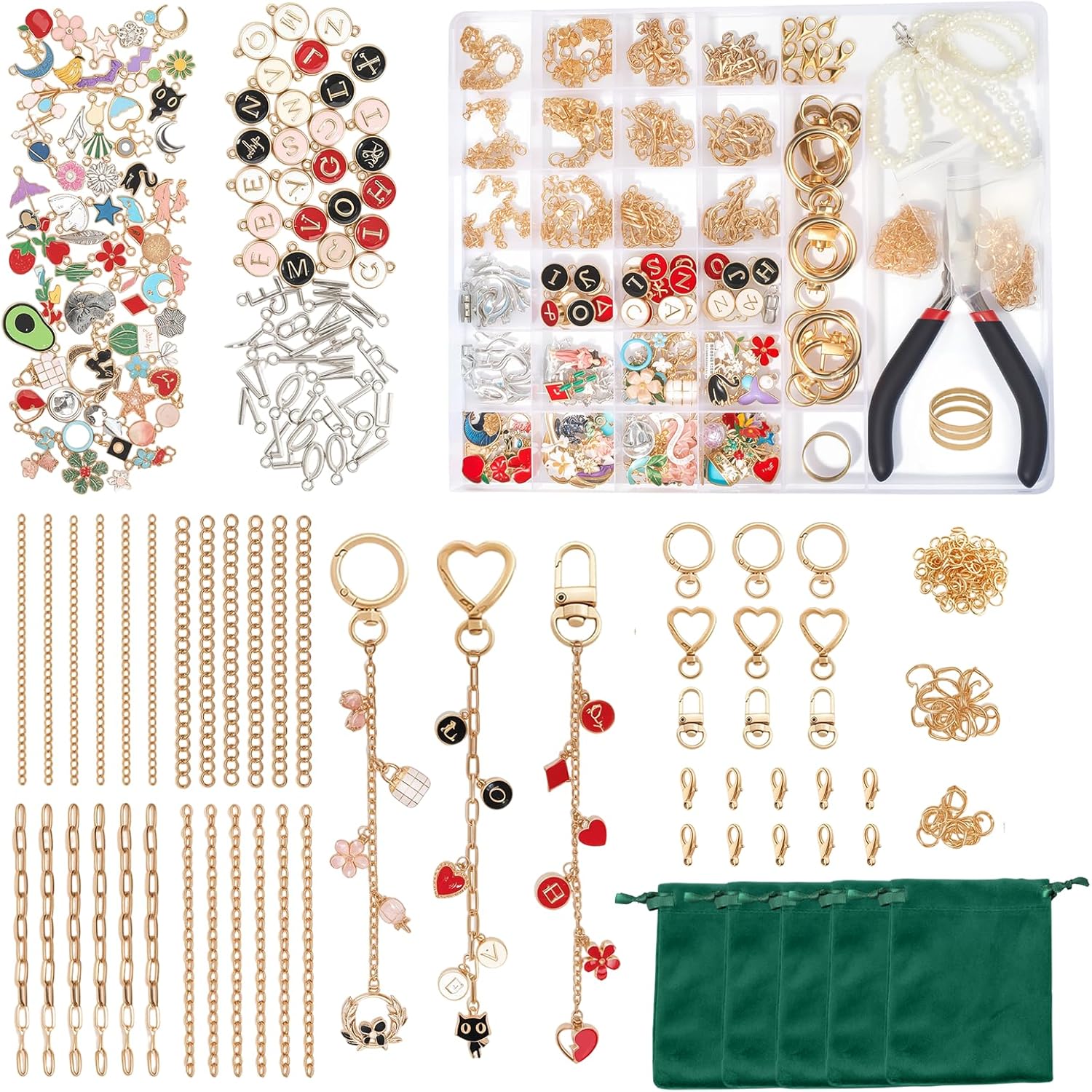 XUHAO7 DIY Jewelry Making Kit - 313-Piece All-in-One Craft Set with Pendants, Pearl Beads, Chains, Pliers, Storage Box & Bracelets, Keychains - Free 5 Velvet Drawstring Pouches