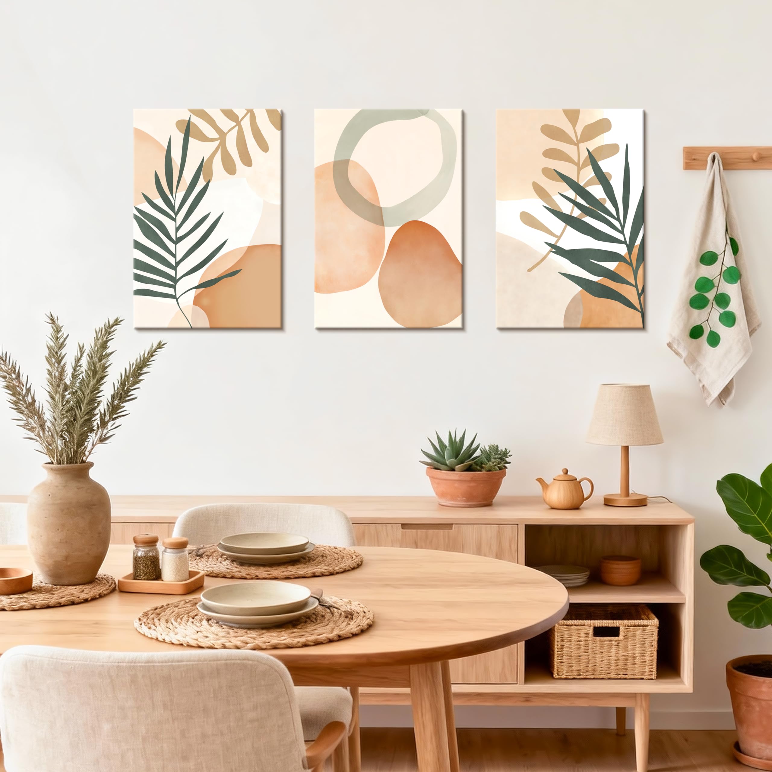 3 Pcs Wooden Framed Canvas Wall Art Set Bohemian Sage Green Canvas Prints Poster Geometric Line Beige Green Pictures for Living Room Bedroom Dinning Room Hallway Stairs Wall Decor 30x40cm x3pcs — view 427