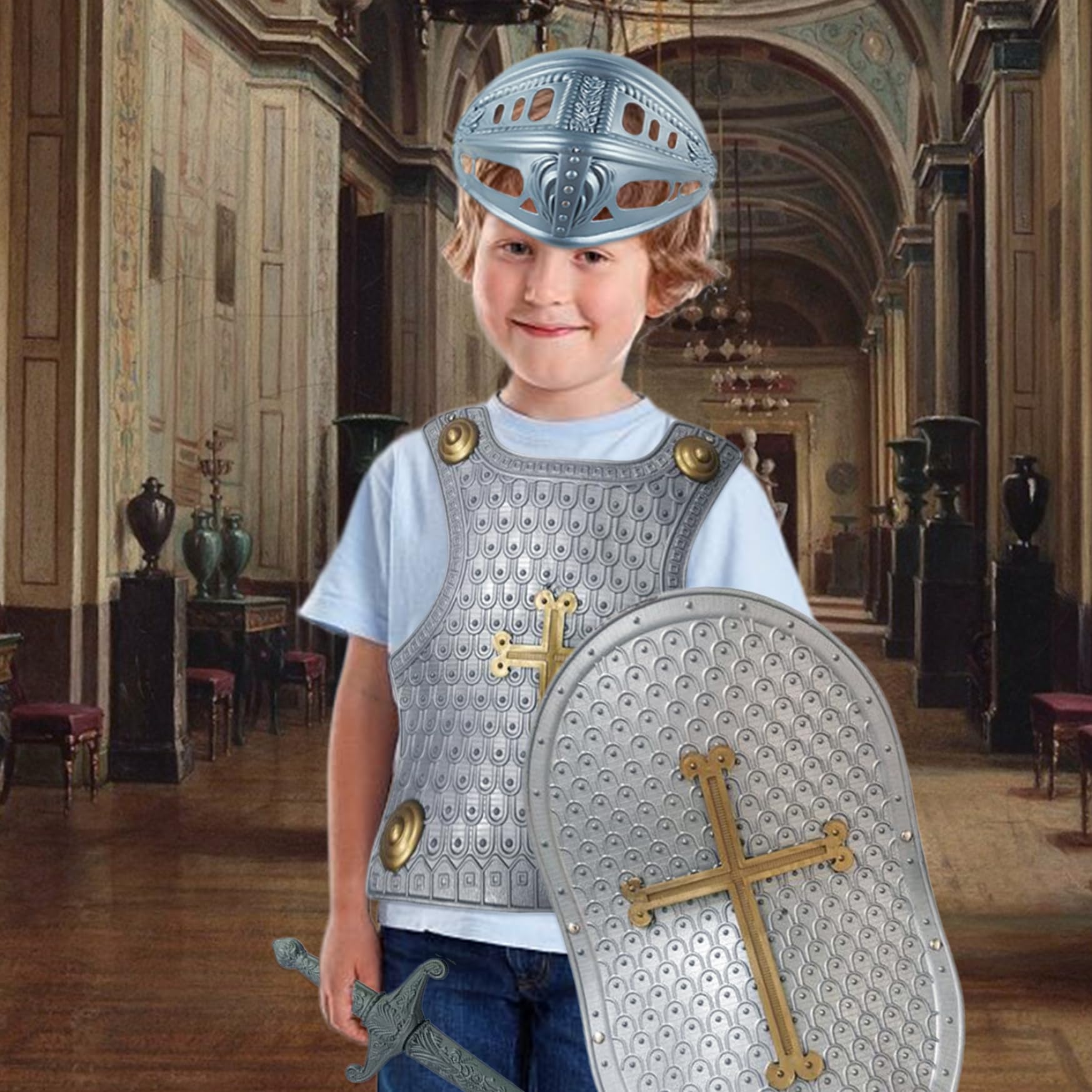 Ritterkostüm für Kinder, 4-teiliges Set mit Kreuzmuster, mittelalterliche Ritterrüstung, inklusive Helm, Schild, Schwert und Kinderkostümen für Rollenspiele, Cosplay, Halloween