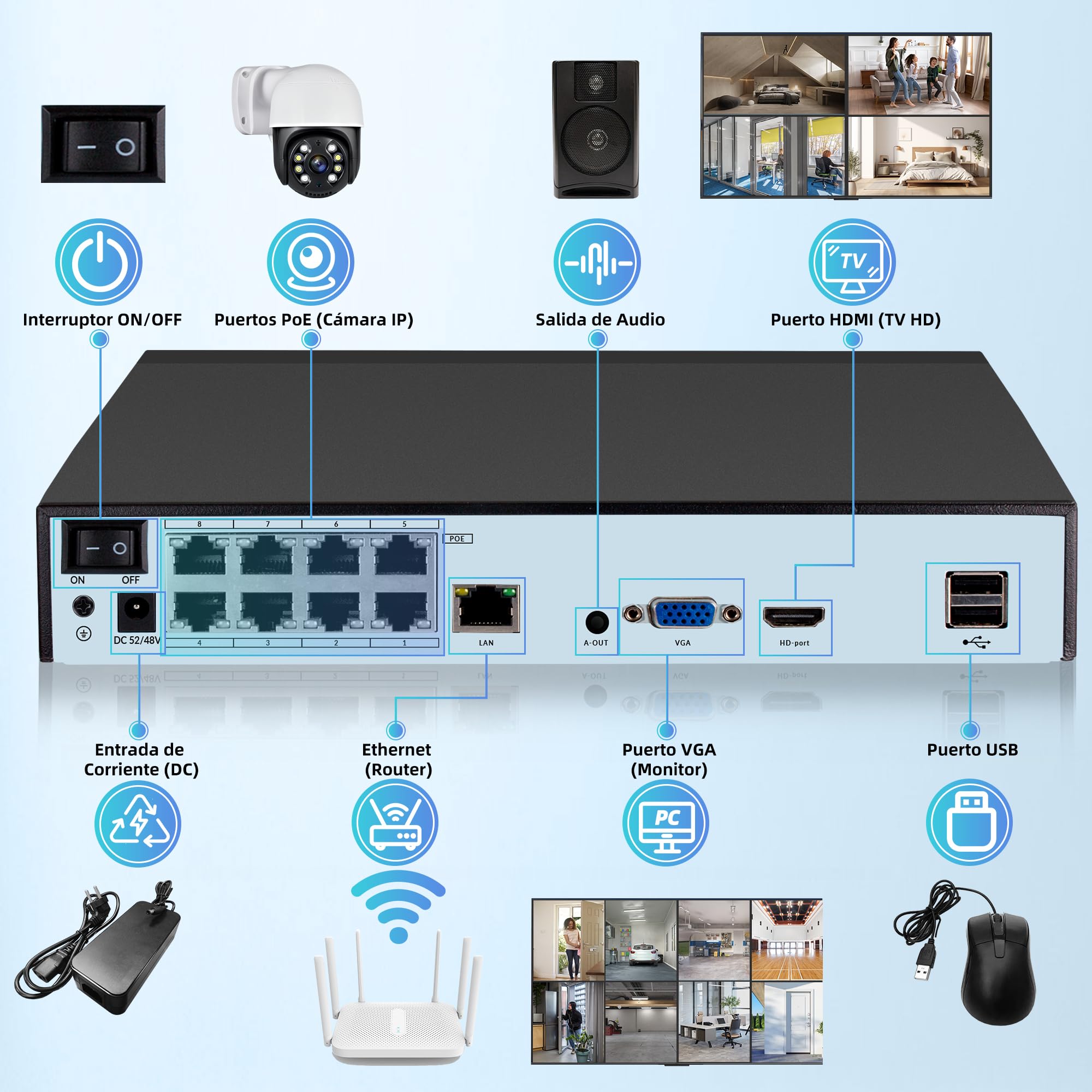 Juego de cámaras de vigilancia 4K para Exteriores, 8 Canales PoE con Disco Duro de 1 TB, Grabador de vídeo en Red para Sistema de cámara CCTV para Seguridad en el hogar, Solo Funciona con cámaras IP