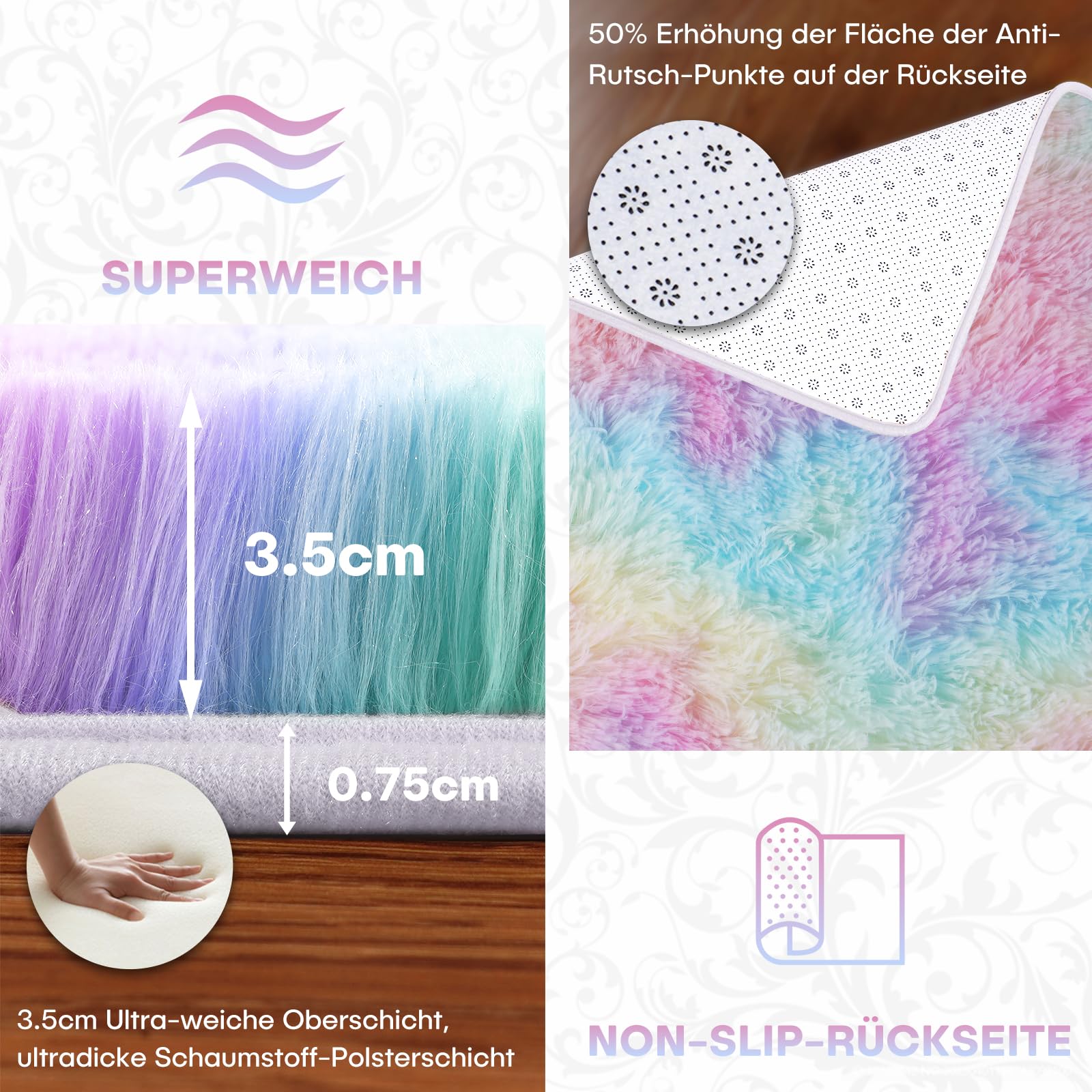 XSIVOD Flauschig Hochflor Teppich Regenbogen, Waschbarer Teppich 160x230 Wohnzimmer Anti Rutsch Extra Große Teppiche Schlafzimmer Weich Moderne Teppiche Matte Teppichen für Kinderzimmer