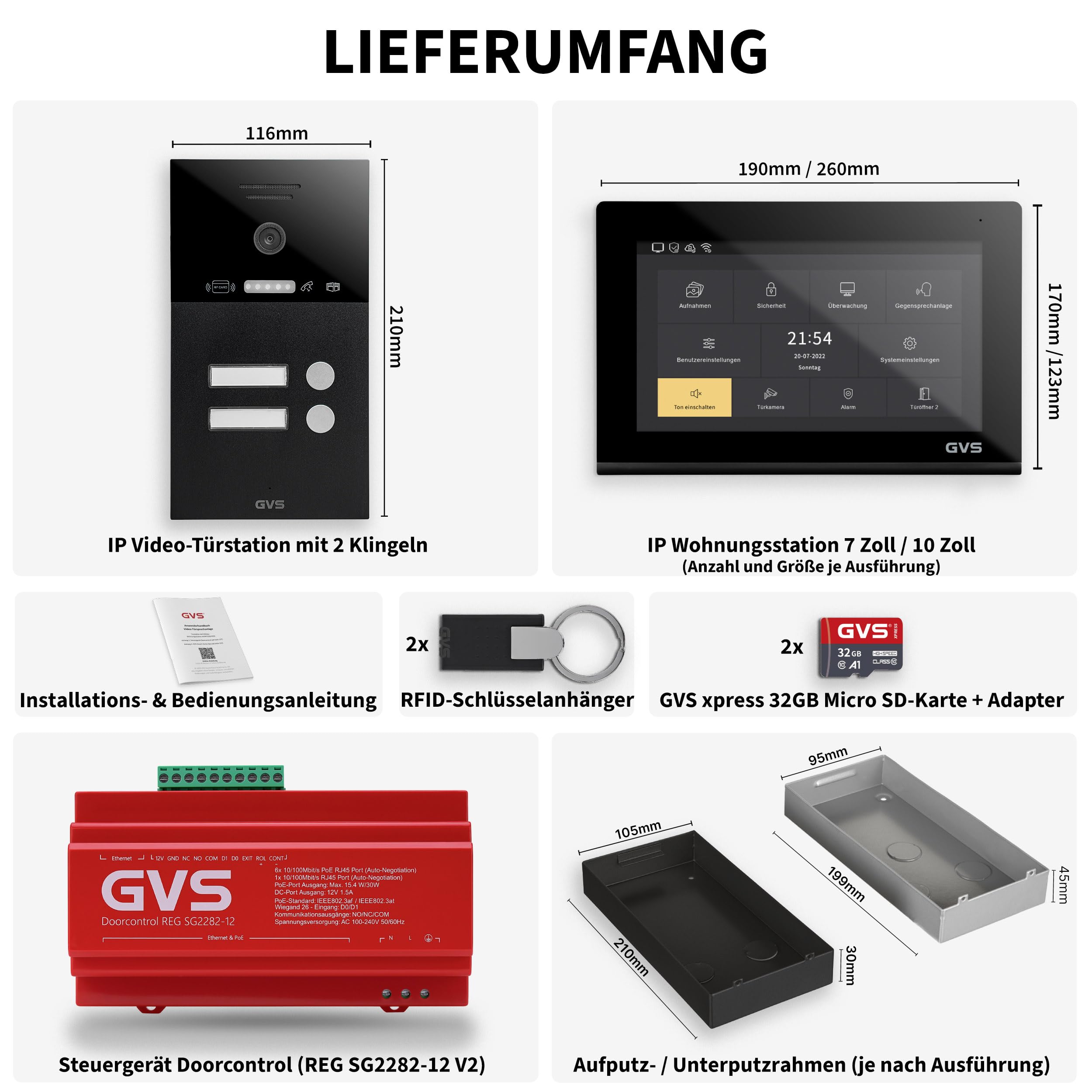 GVS - IP Video Türsprechanlage 2-Familienhaus mit Türöffner (RFID), HD Kamera, 2x7 Zoll Monitor & App - Smarte Video Türklingel mit Kamera & Gegensprechanlage (AVS4288U)
