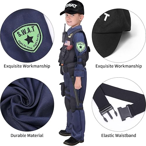 Miniatura 4 de Latocos Disfraz de oficial de policía SWAT de 15 piezas para niños con chaleco, accesorios de policía, juego de rol para Halloween y cosplay