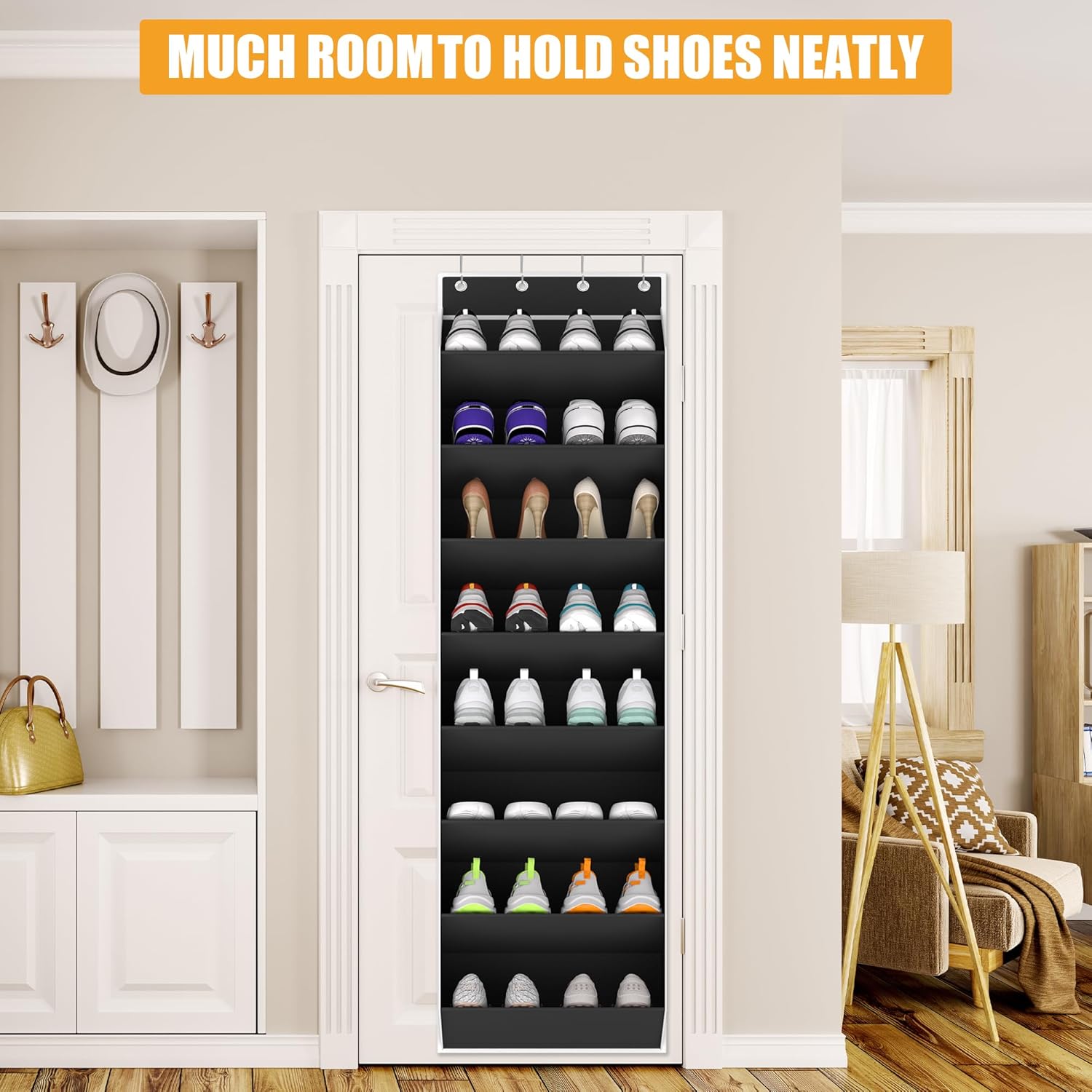 Over The Door Shoe Organizer Storage Fit 16-24 Pairs Hanging Shoe Rack Organiser for Closet Door, Deep Pocket Shoe Holder for Sneakers,Boots Storage(1 Pack Black)