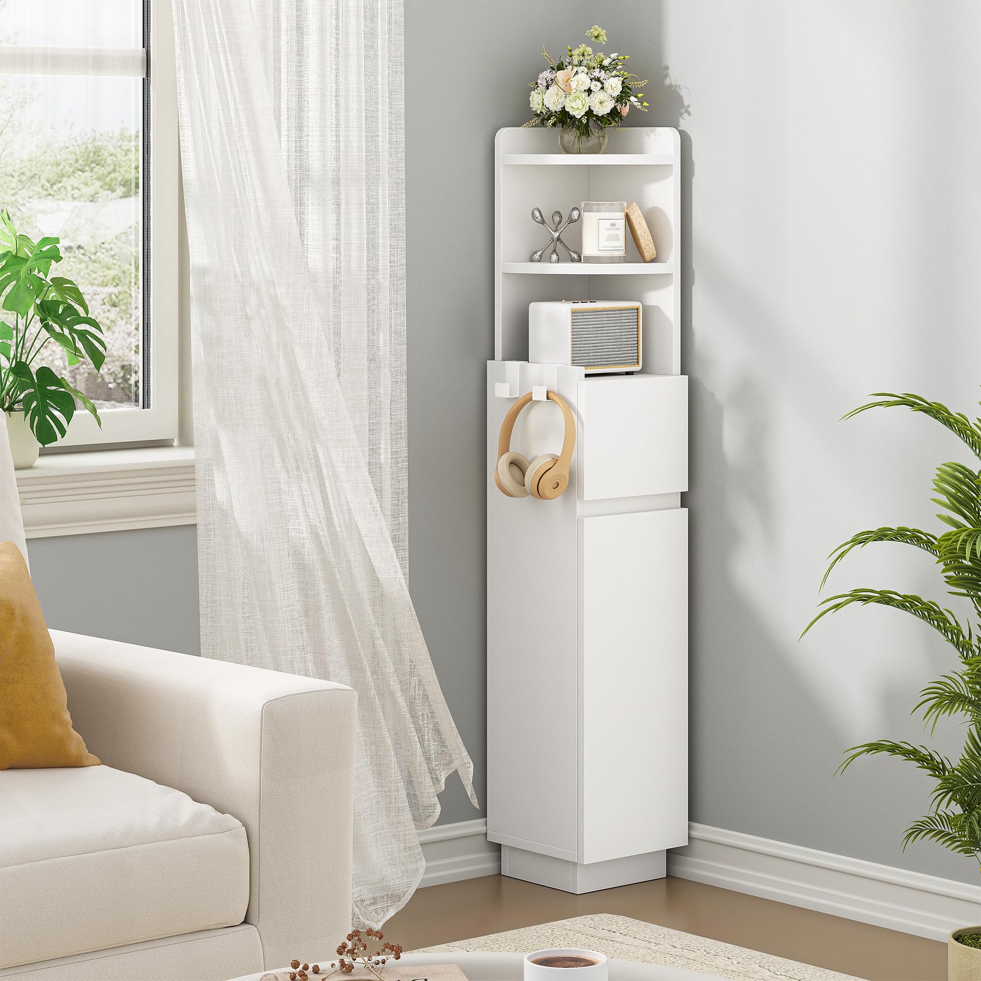 HEXCELEN Meuble de Salle de Bain, Armoire de Salle de Bain d'angle, Blanc | Armoire de Toilette, 20 x 20 x 98 cm, Étagères Réglables, 1 tiroir et 2 Compartiments Ouverts, Meuble Colonne sur Pied