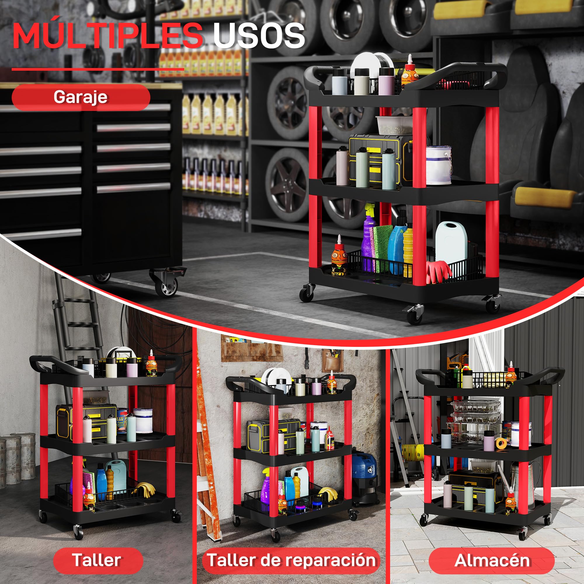 HOMCOM Carro de Taller Carro de Herramientas con 3 Estantes Ruedas y Asas para Garaje Mecánico Hogar Carga 91 kg Rojo y Negro