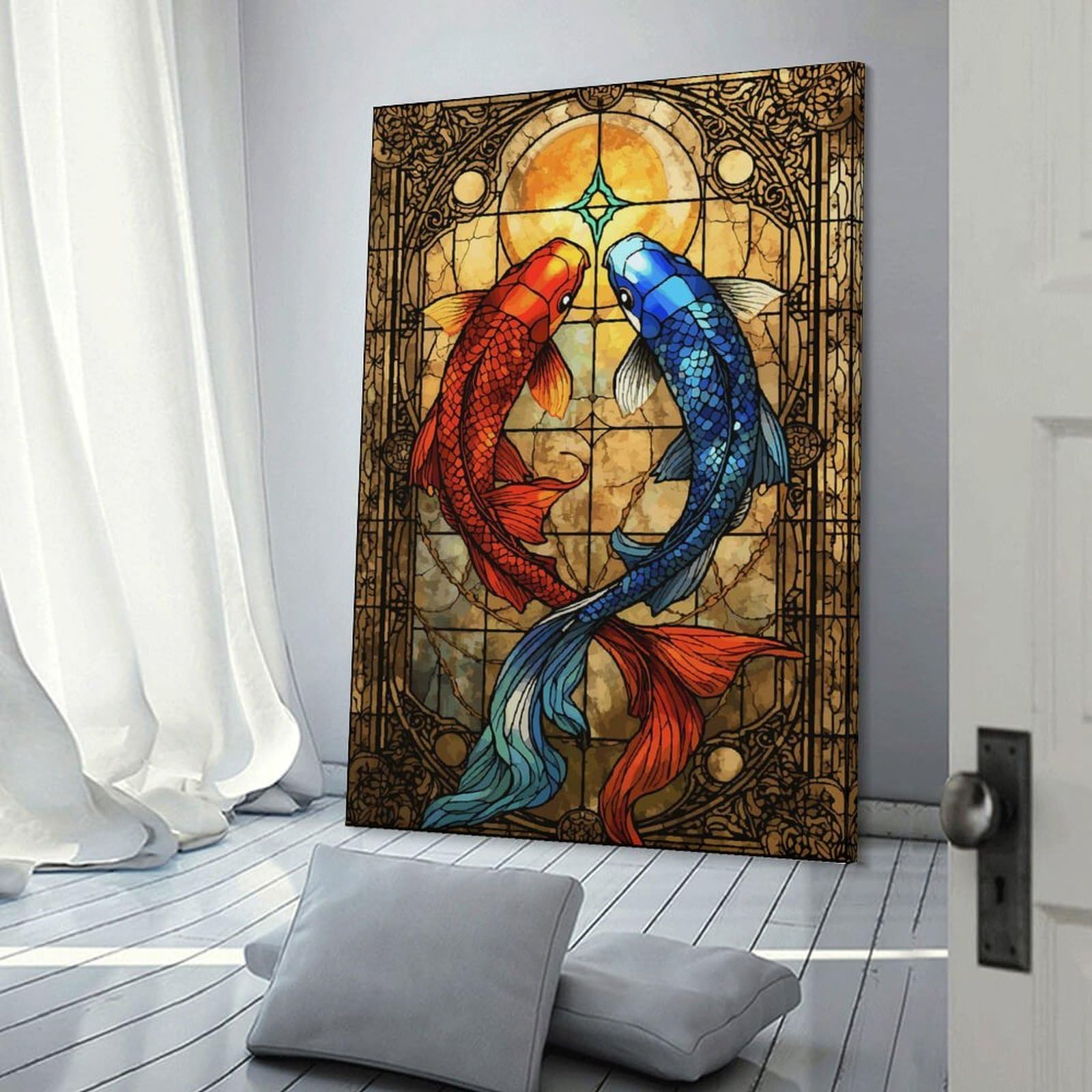 Junmoney Frame-Style-21 Canvas Art Print Koi Fish Stained Glass Art, 24X36inch(60X90cm), For Office, Study Or Home Workspace, Wall Art That Adds Style To Work Areas