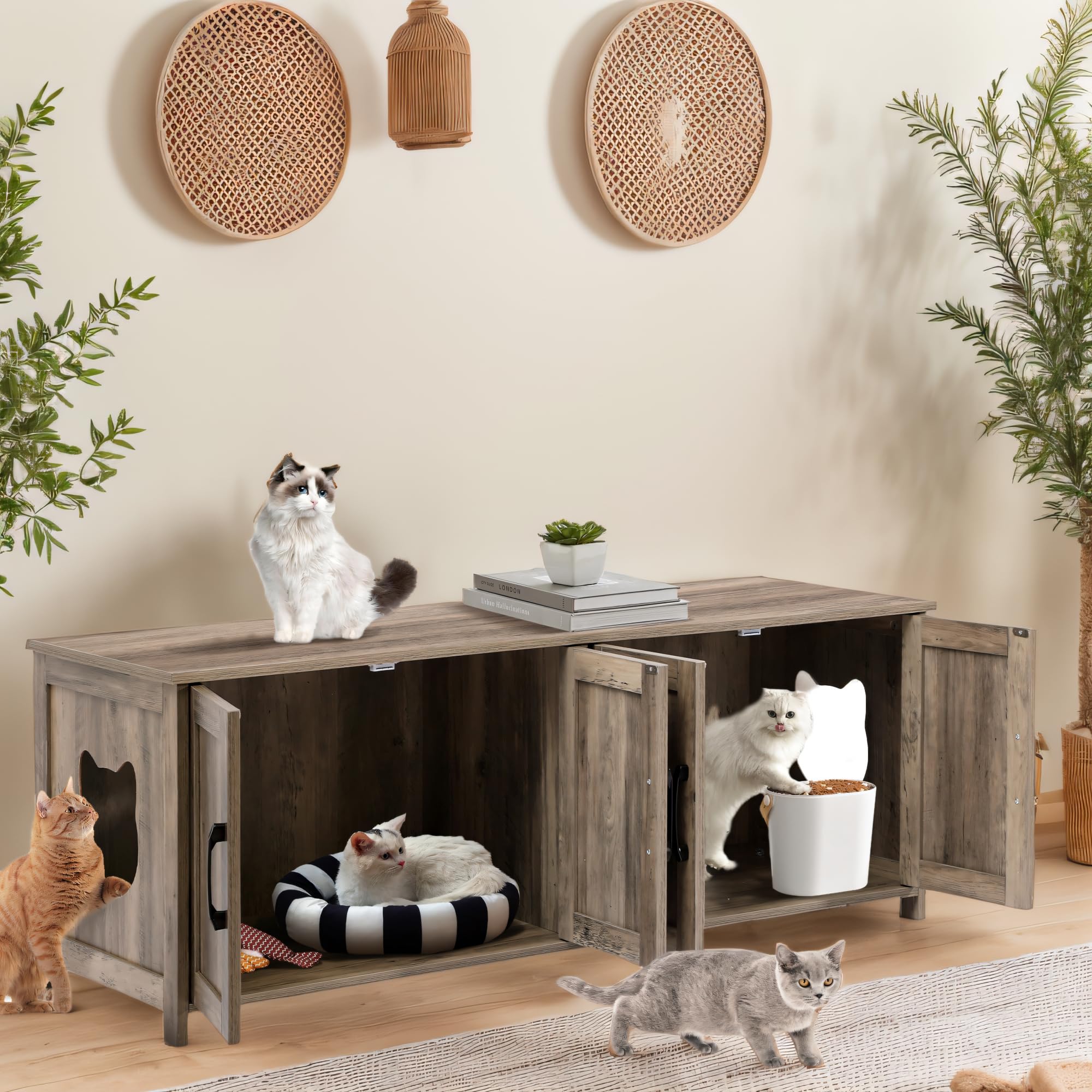 MAIBH Cat Litter Box Enclosure for 2 Cats, Indoor Wooden Hidden Litter Box Enclosure Furniture with Double Room Lockable Door, Cat Washroom Storage