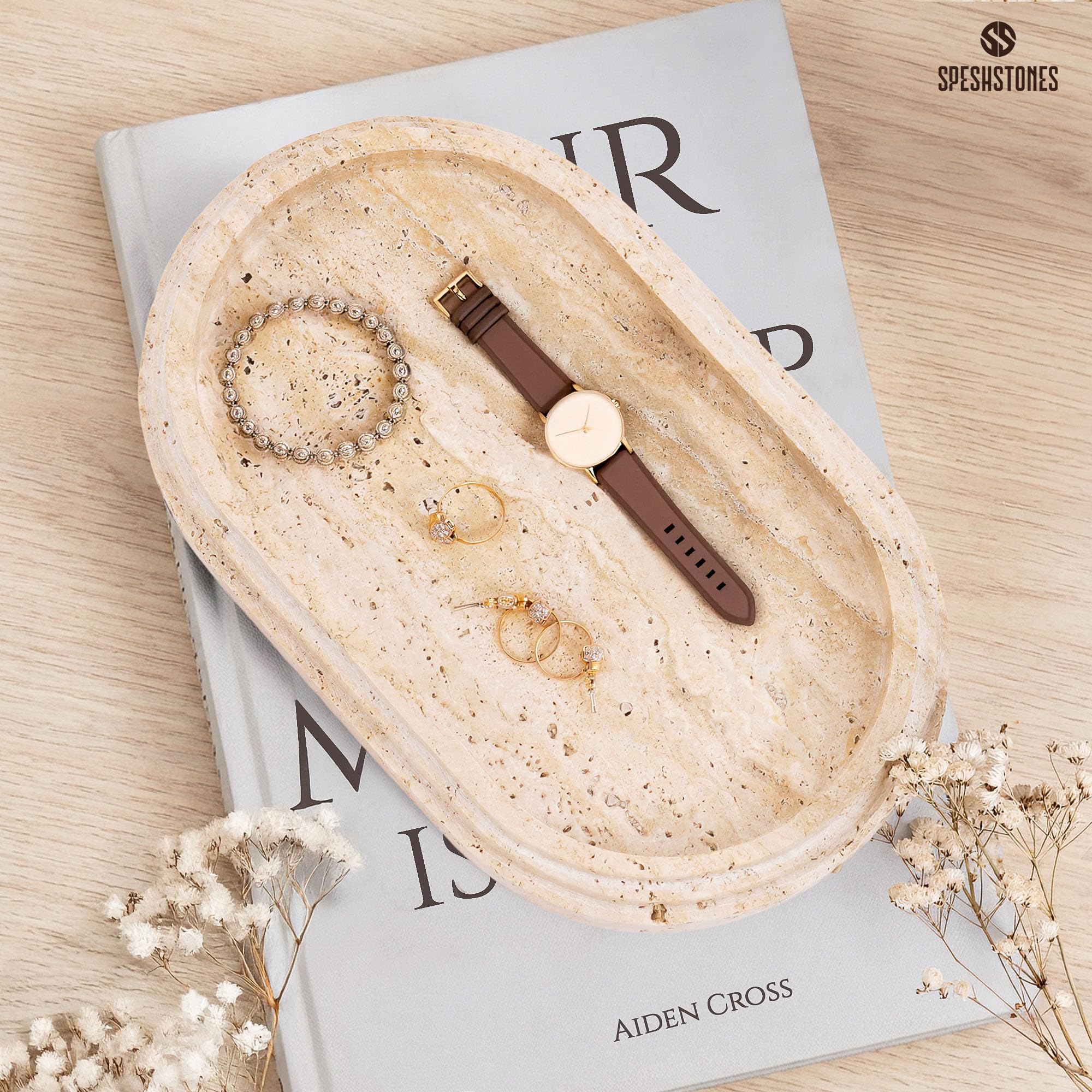 SPESHSTONES Vassoio in travertino da 24 cm, in marmo fatto a mano, per accessori da bagno, vassoi decorativi per tavolino da caffè e portacandele, vassoio per gioielli, organizer per profumi per
