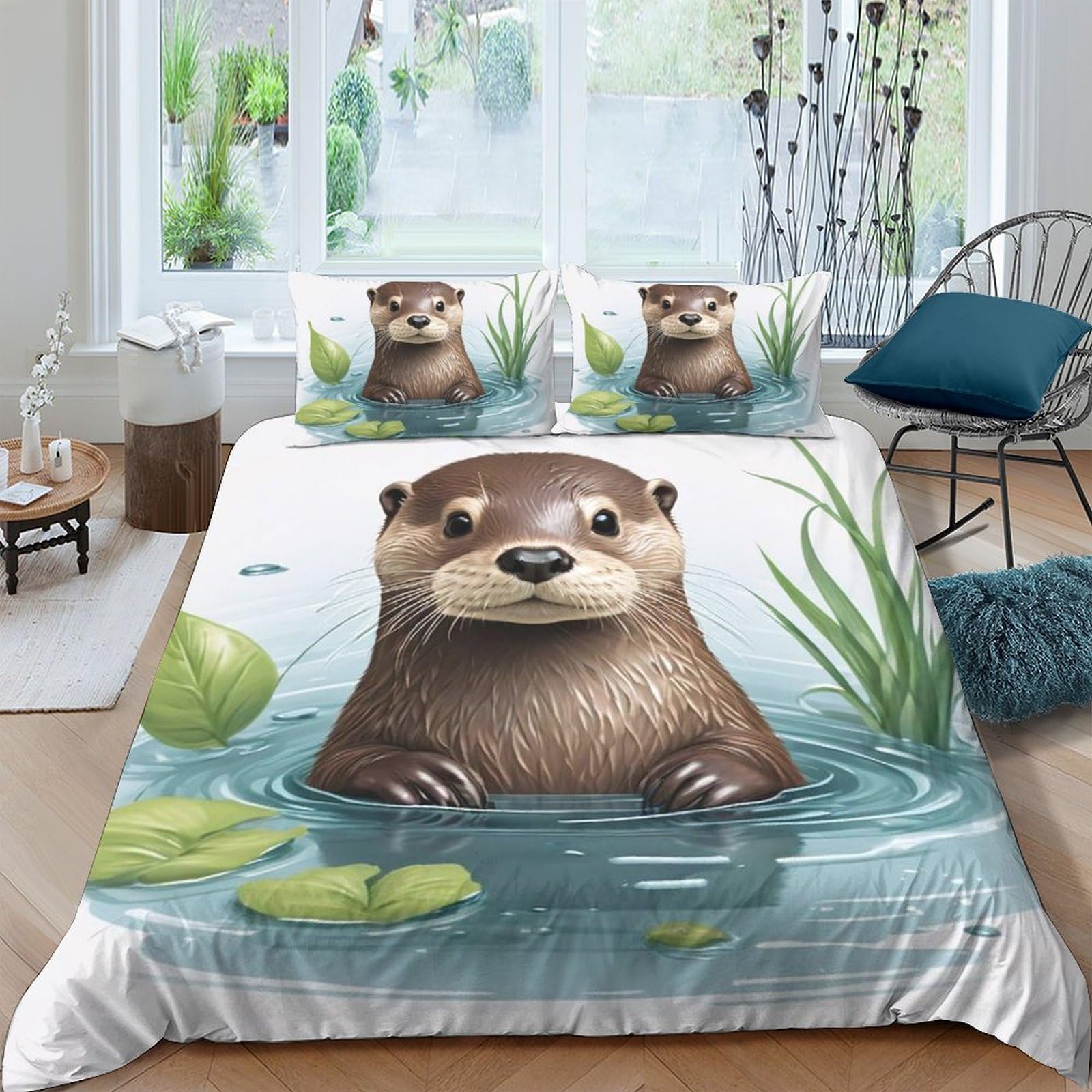 Ctjqhvkz Style-2 3D Printed Otter Pond Fitted Sheet Microfiber Anti-Slip Machine Washable Water Lily Bed Cover For Bedroom Decor Single（135X200cm）