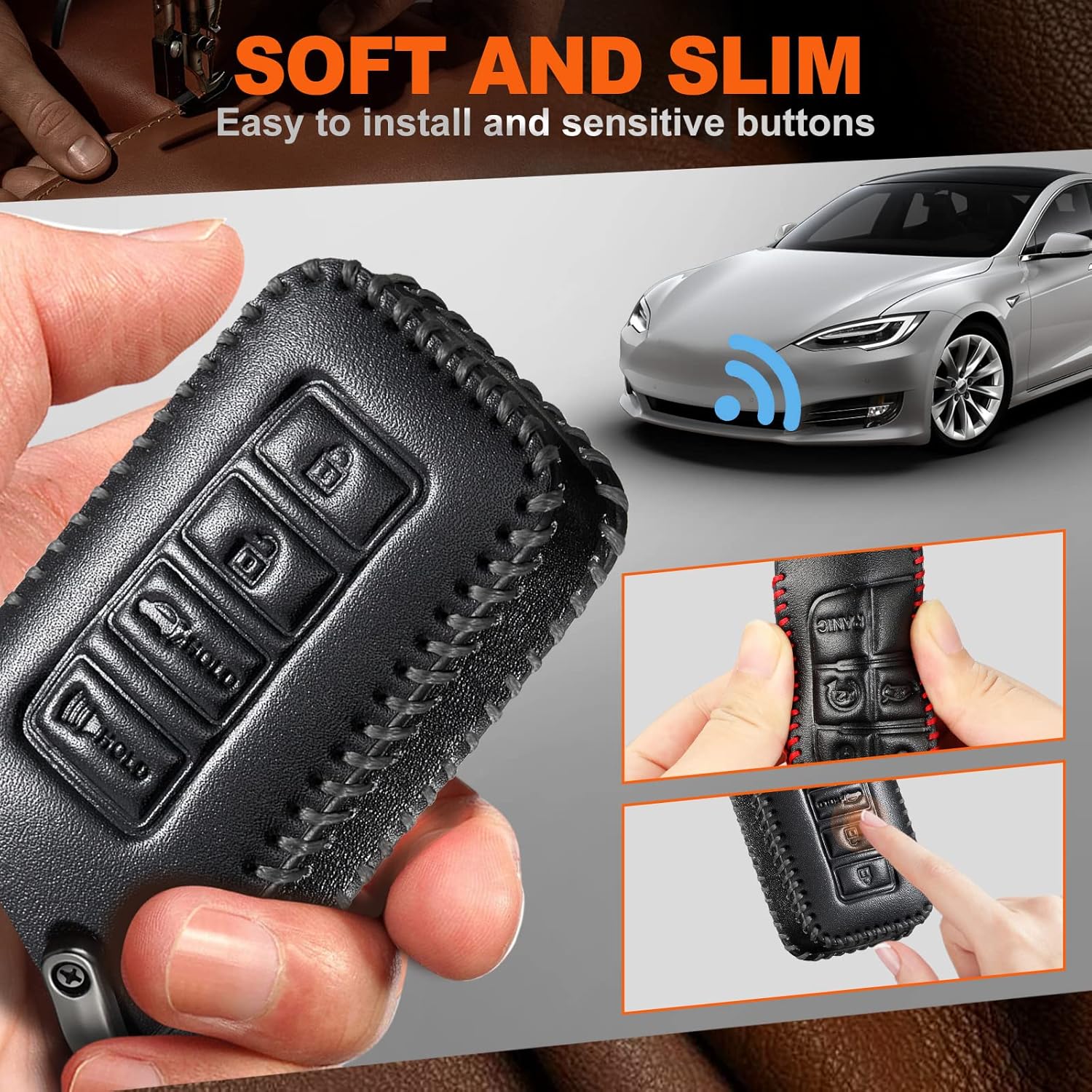 Slohif Leather Key Fob Cover Accessories for Lexus for ES GS LS NX RS GX LX RC LC, Leather Case+D-Ring+Hook(Black)