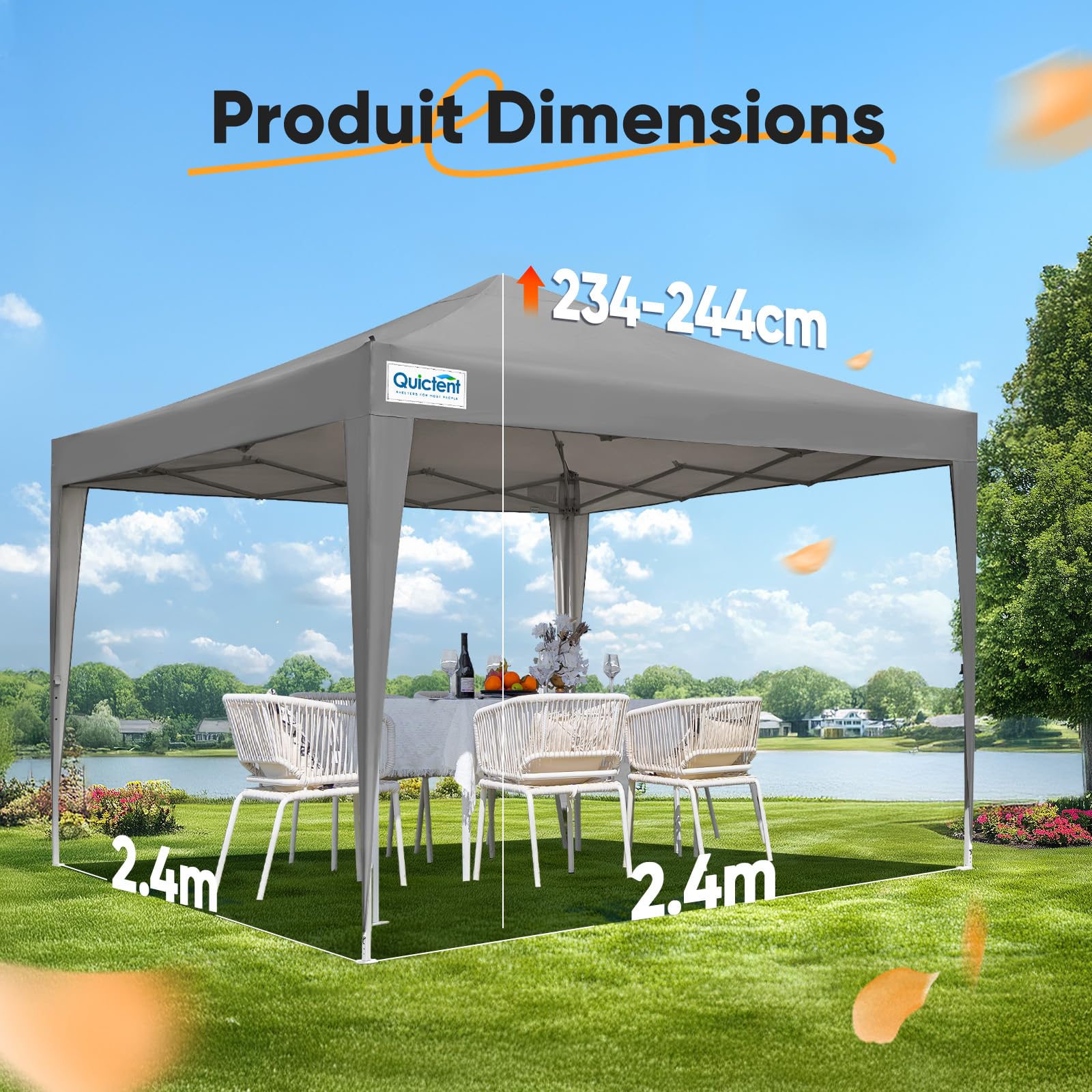 Quictent Tonnelle pliante 2,4 x 2,4 m avec 4 panneaux latéraux, imperméable, tente de réception, tente de jardin pour fêtes et marché aux puces Gris