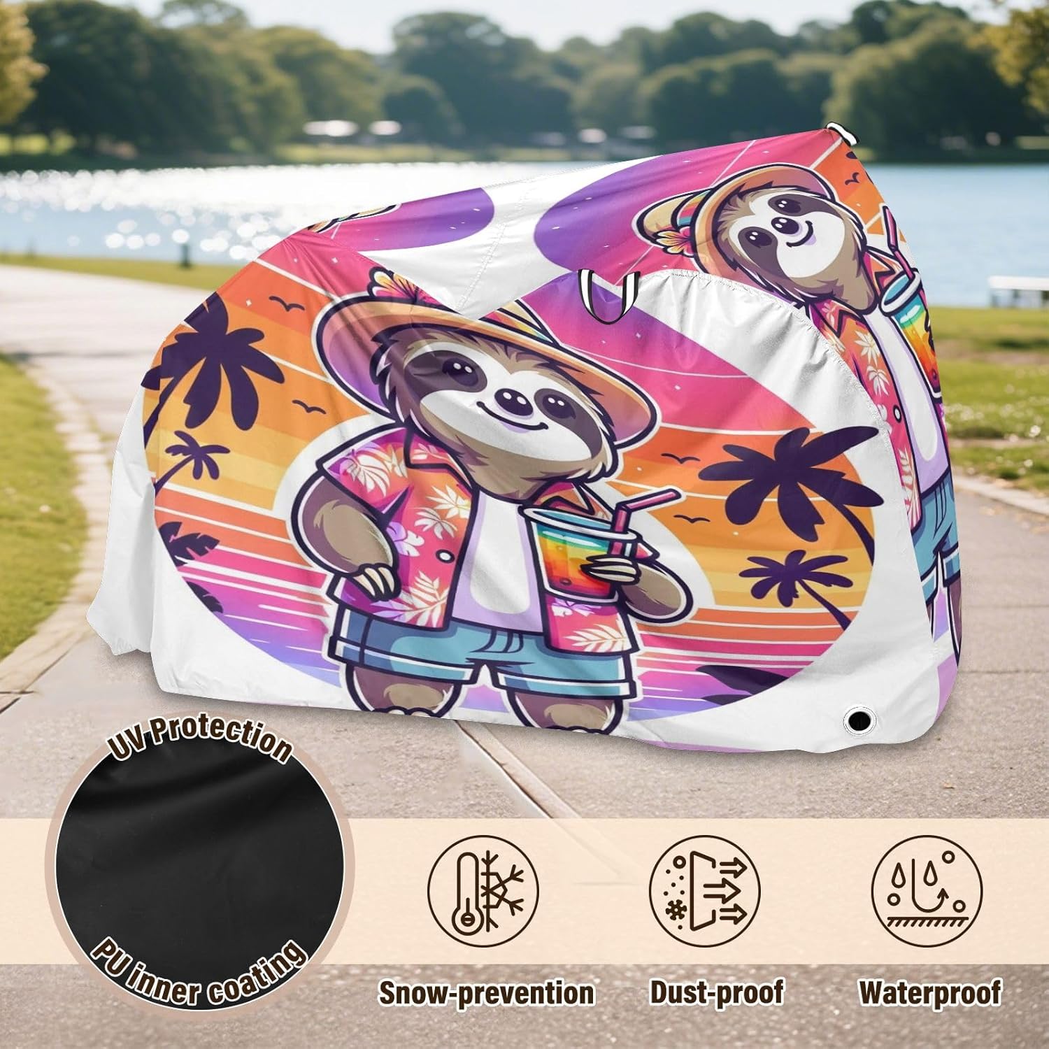 ALAZA Sloth Summer Beach Bike Cover Waterproof Outdoor Ebike Bicycle Covers Tarp Protection for 1/2 Bikes, Sun UV Dust Wind Proof