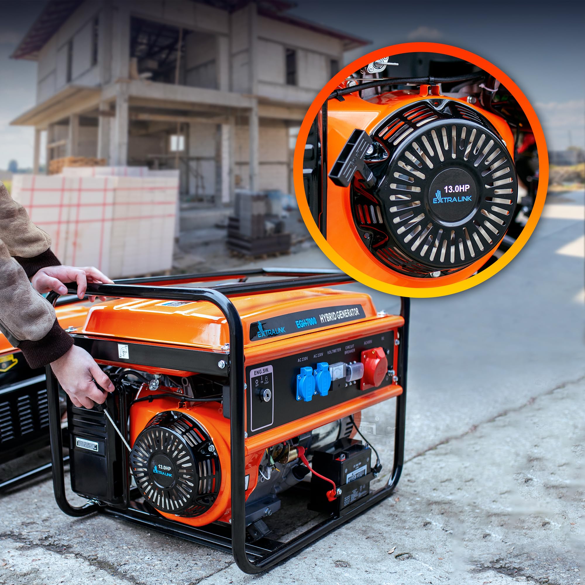 Extralink Generador Eléctrico 7500W Gasolina/Gas | Grupo Electrógeno Trifásico Dual Fuel 192F 4T, Onda Pura, 2×230V 1×400V, Arranque Eléctrico y Protección Sobrecarga | Portátil para Casa