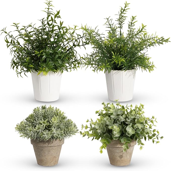 4 Pack Small Fake Plants in White Pulp Pot for Home Decor, Artificial Plants Indoor, Small Faux Plants Indoor for Bathroom Bedroom Kitchen Office Farmhouse Room Shelf Decor