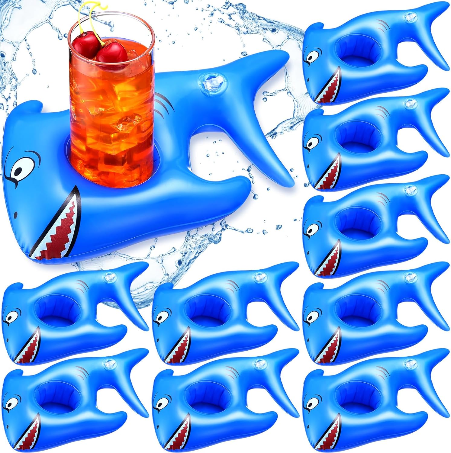 Reallnaive 10 Pcs Inflatable Drink Holder, Shark Drink Floats Reusable Inflatable Pool Cup Holders Coasters for Summer Swimming Party Favors and Decoration