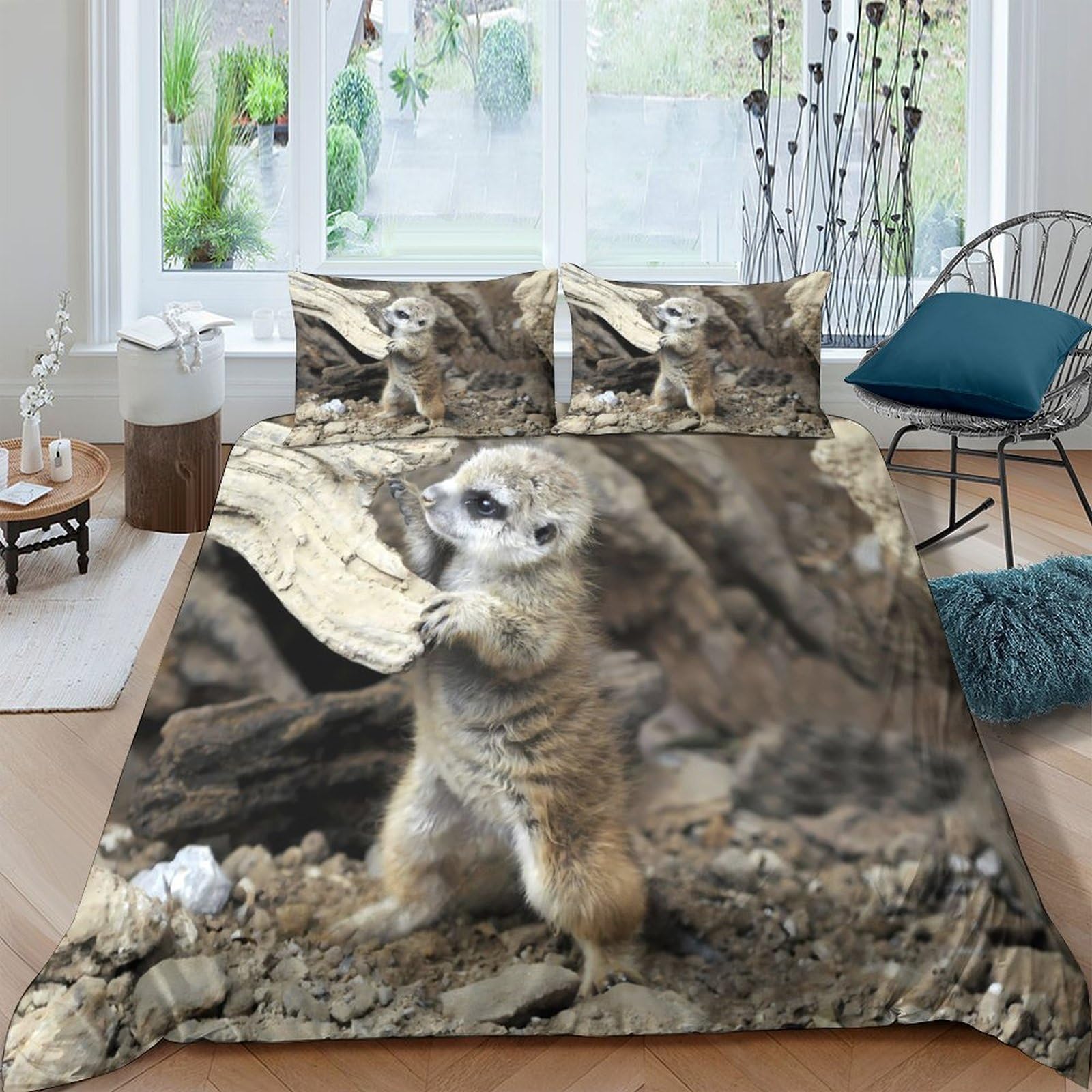 GPLZQXKJNH 3D Printed Meerkat Nature Duvet Cover Microfiber Soft Breathable Forest Bedding Set with 2 Pillowcases for Bedroom Decor Single（135x200cm）