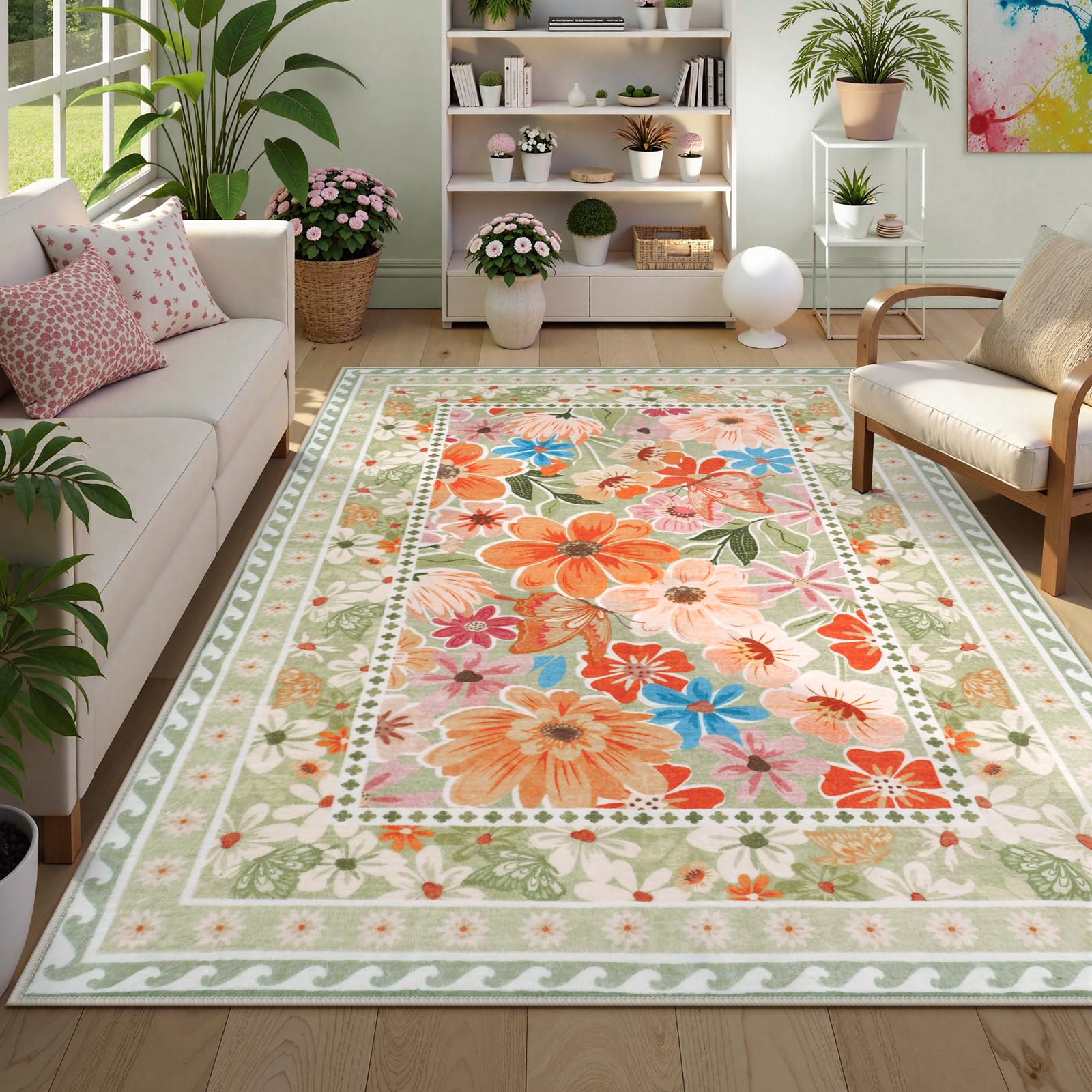 Floral 5x7 Area Rugs, Machine Washable Non Slip Modern Rug for Living Room, Low Pile Stain Resistant Green Area Rug Large Rug for Bedroom Living Room Dining Room Nursery Office