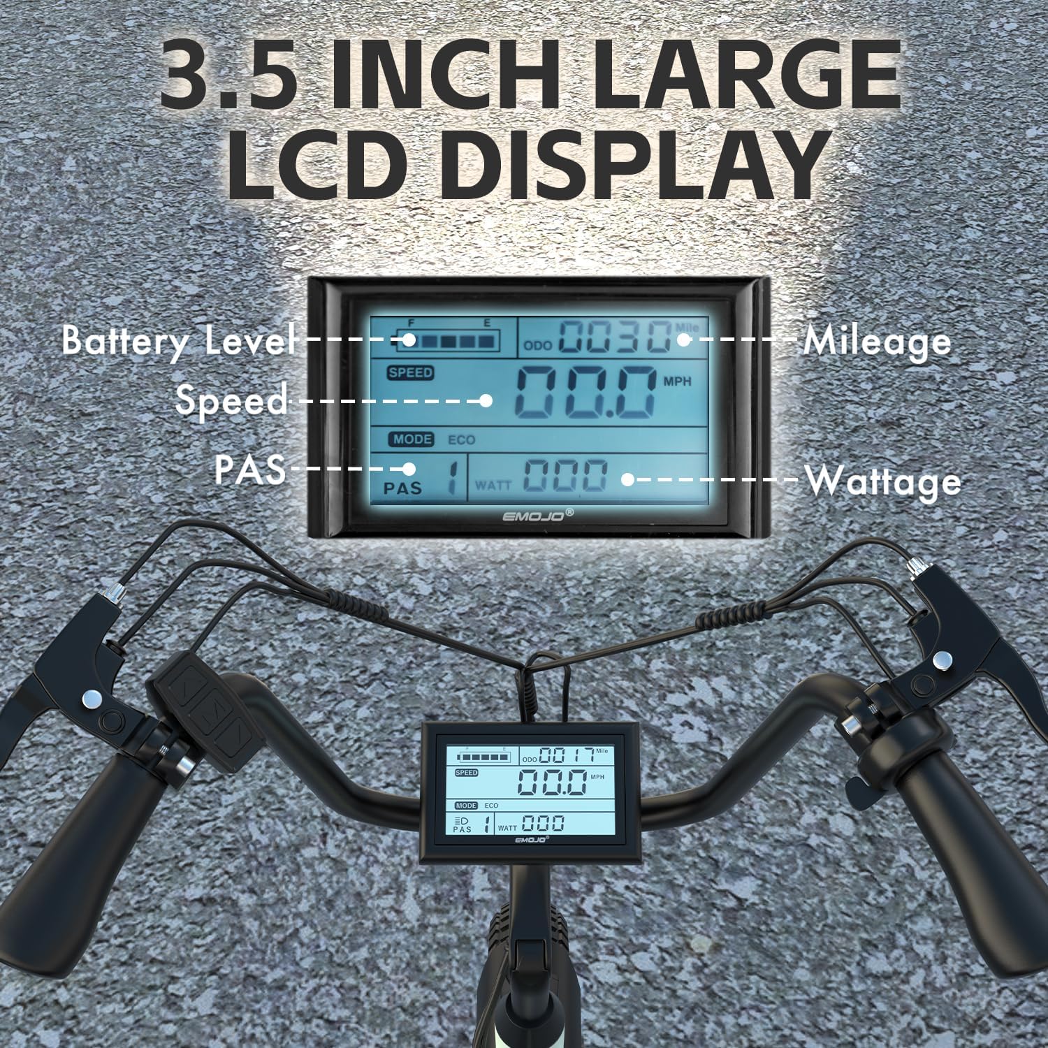 Close-up of the 3.5 inch LCD display on the handlebars