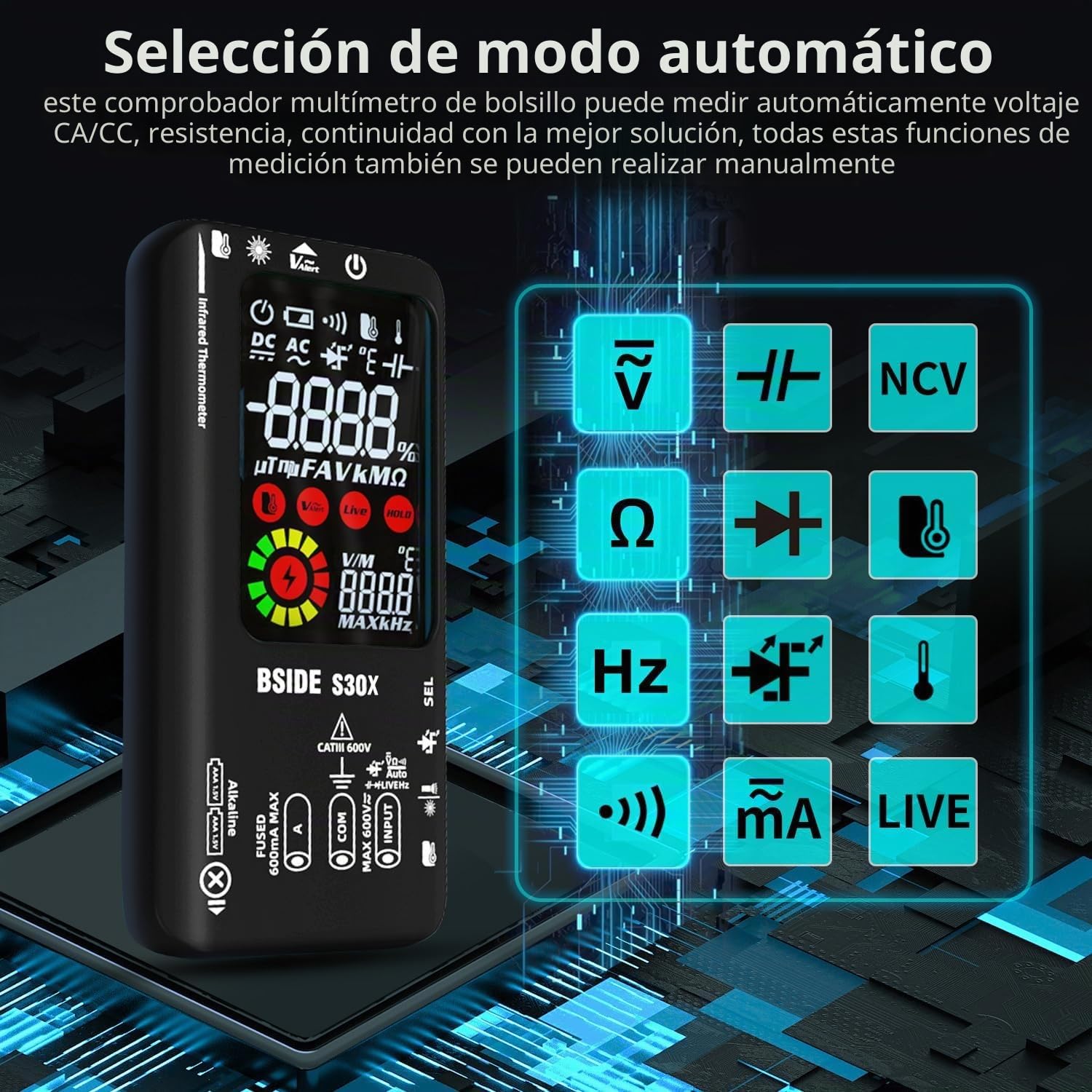 Kit Multímetro Digital y Bolígrafo Detector de Voltaje BSIDE S30X+X1 Multímetro Inteligente y Buscapolos Sin Contacto con Pinza Cocodrilo para Electricista Electrónica LED Automoción