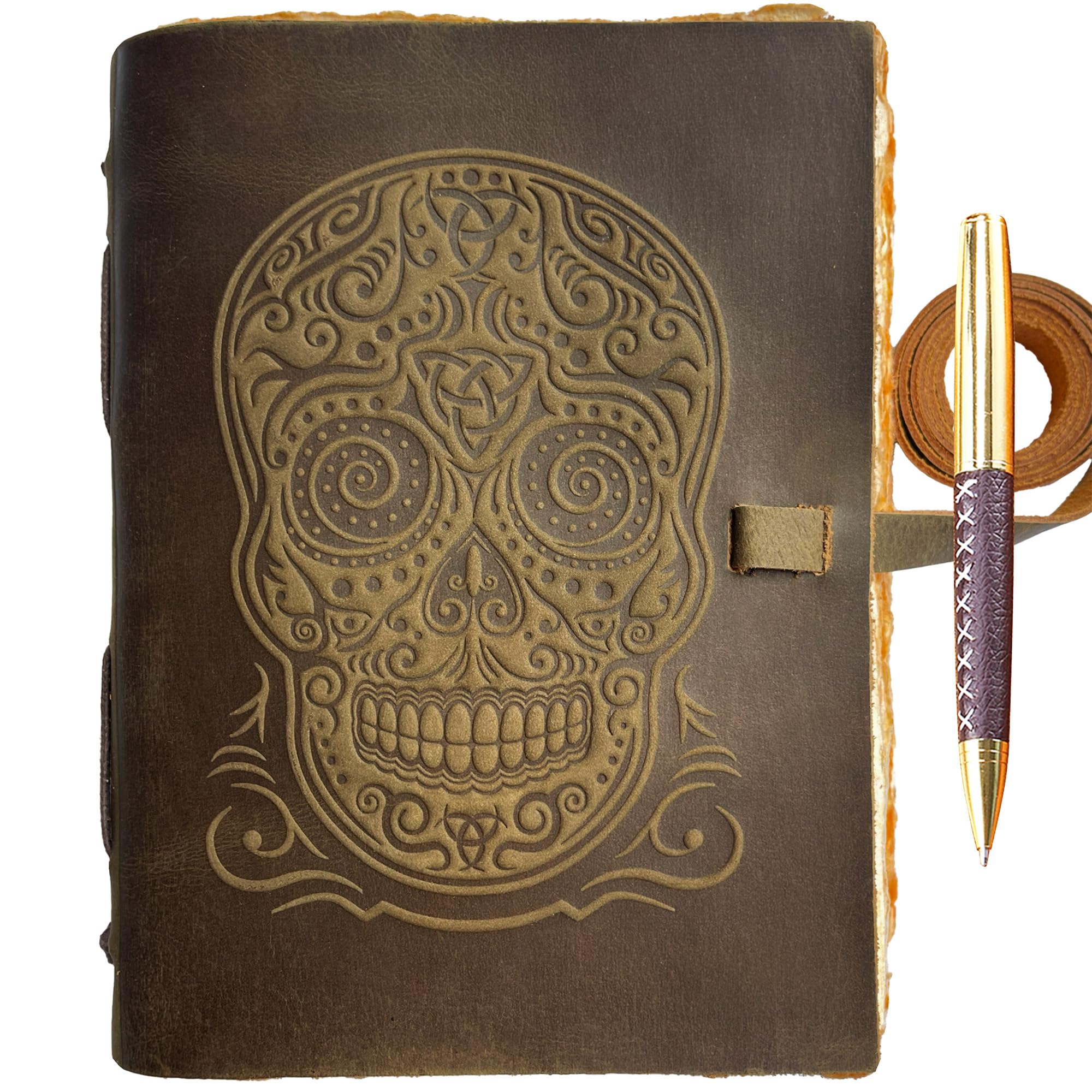 Journal en Cuir Vintage avec motif de Crâne Avec Papier À Bord Brûlé Cahier des Notes Antique Rustique, Parfait pour L'Écriture, Le Livre Des Ombres, Un Grimoire, Des Croquis, Des Dessins